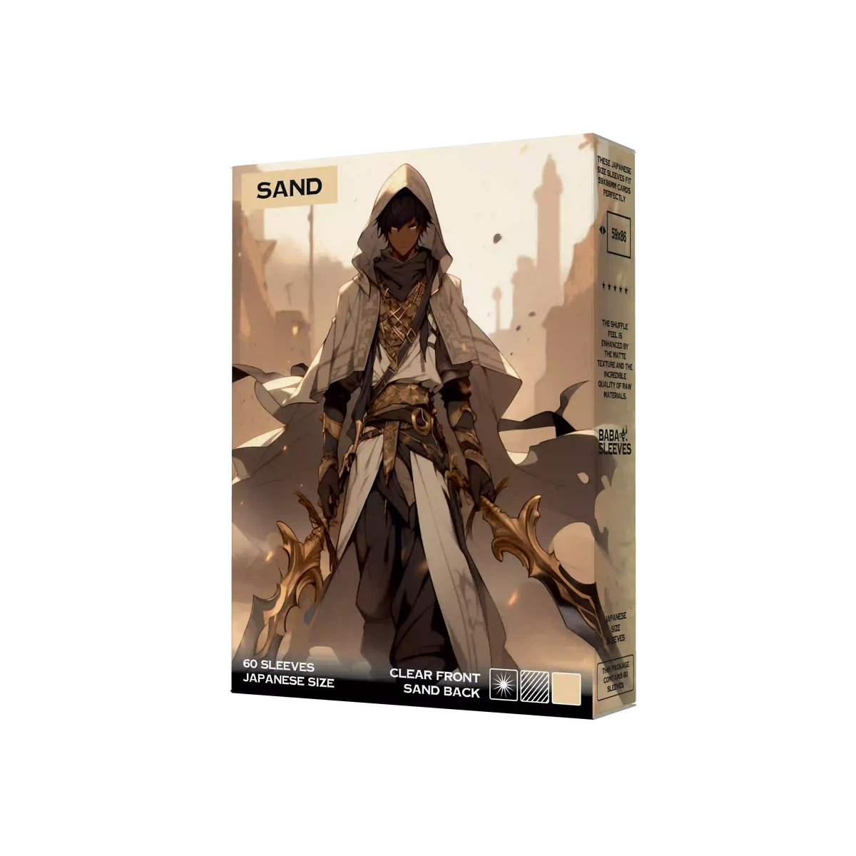 60 sandfarbene Kartenhüllen Japanese Size Beige fächerförmig ausgelegt neben Yu-Gi-Oh Karte
