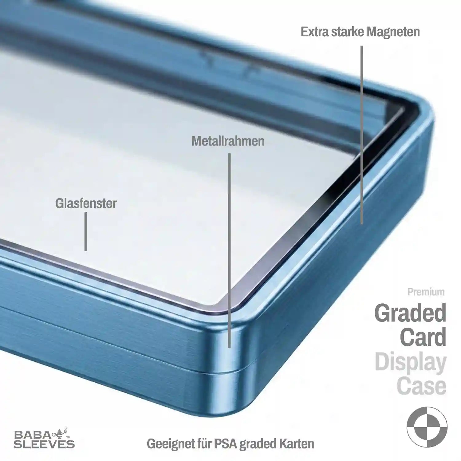 Detailansicht Slab Bumper Hartglas UV‑Schutz, Aluminium Metallrahmen mit Magnetverschluss, passgenaue Schutzhülle für PSA BGS CGC Standard Slabs
