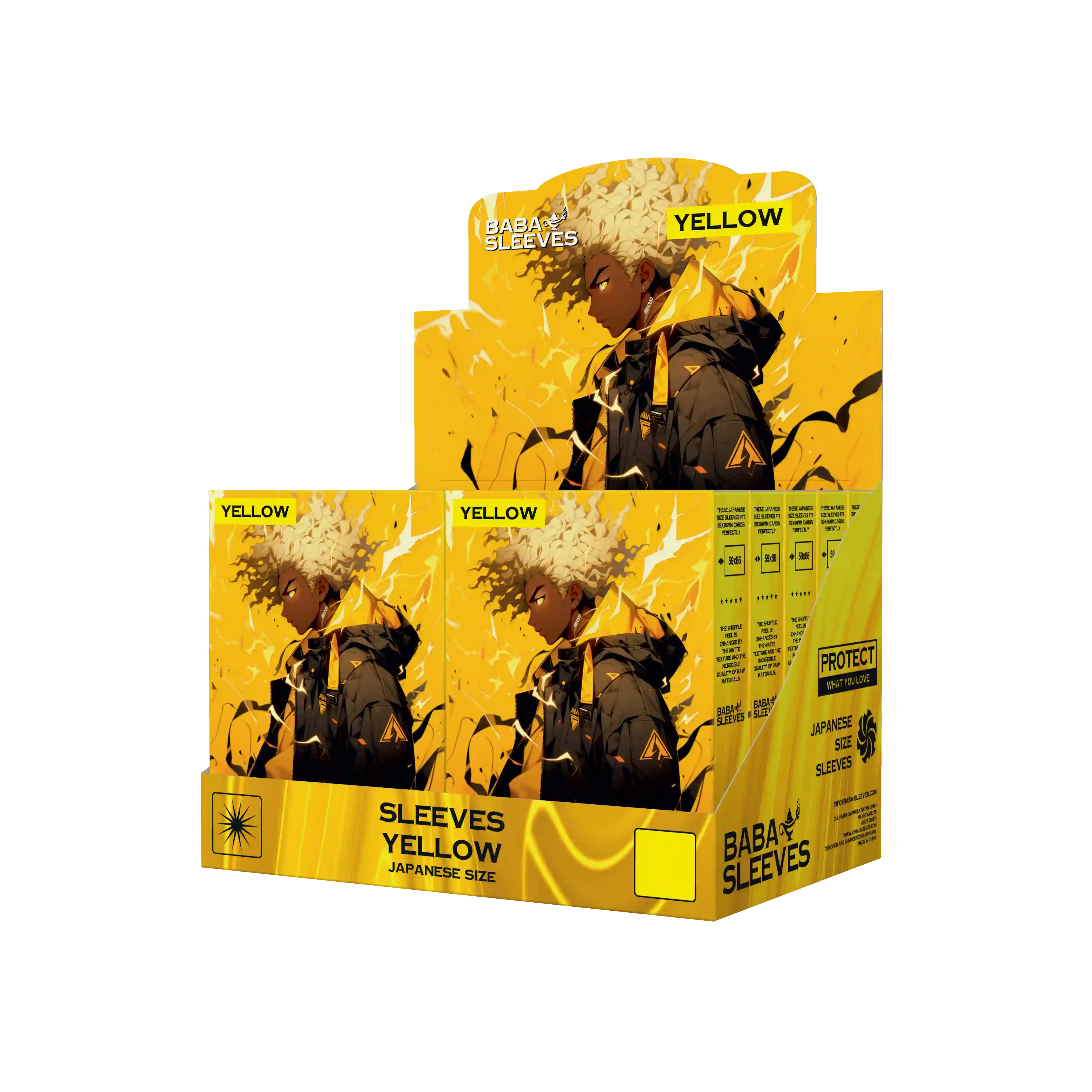 Display Box gelbe Yu-Gi-Oh!Kartenhüllen Japanese Size sleeves mehrere Packungen à 60 Stück