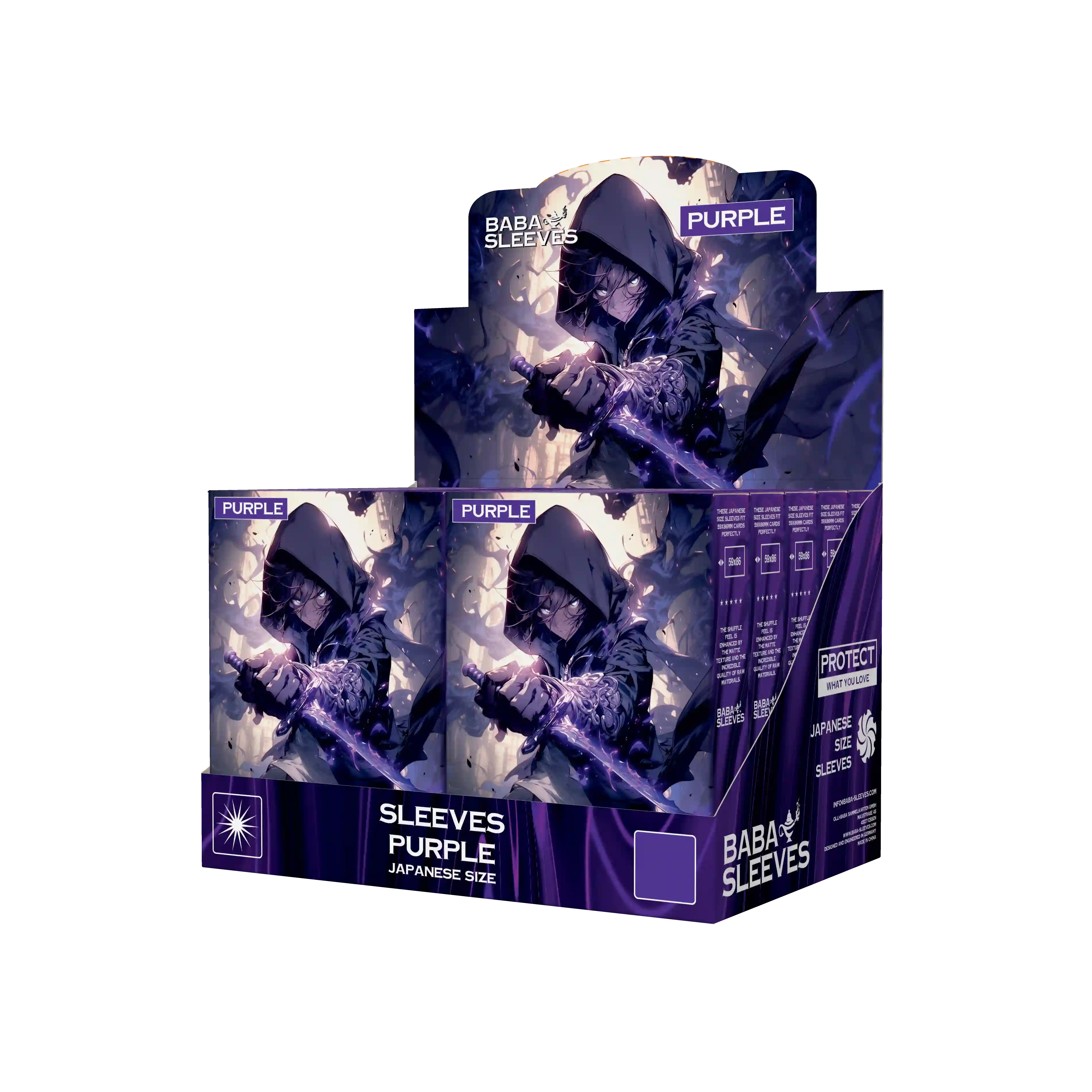 Display Box seitliche Ansicht lila purple Yu-Gi-Oh Sleeves Japanese Size Verkaufsaufsteller