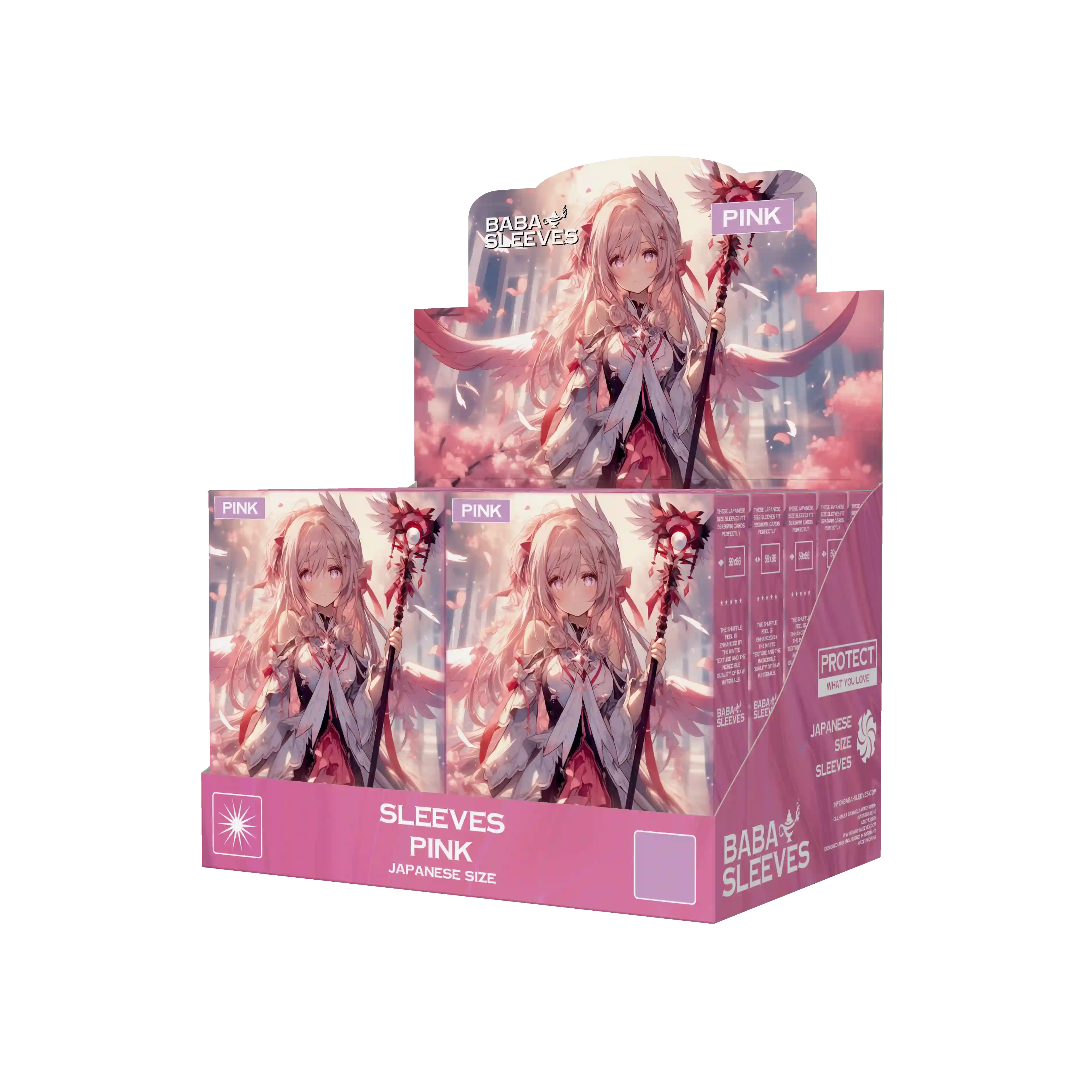 Display Box seitliche Ansicht pinke Yu-Gi-Oh Sleeves Japanese Size Verkaufsaufsteller