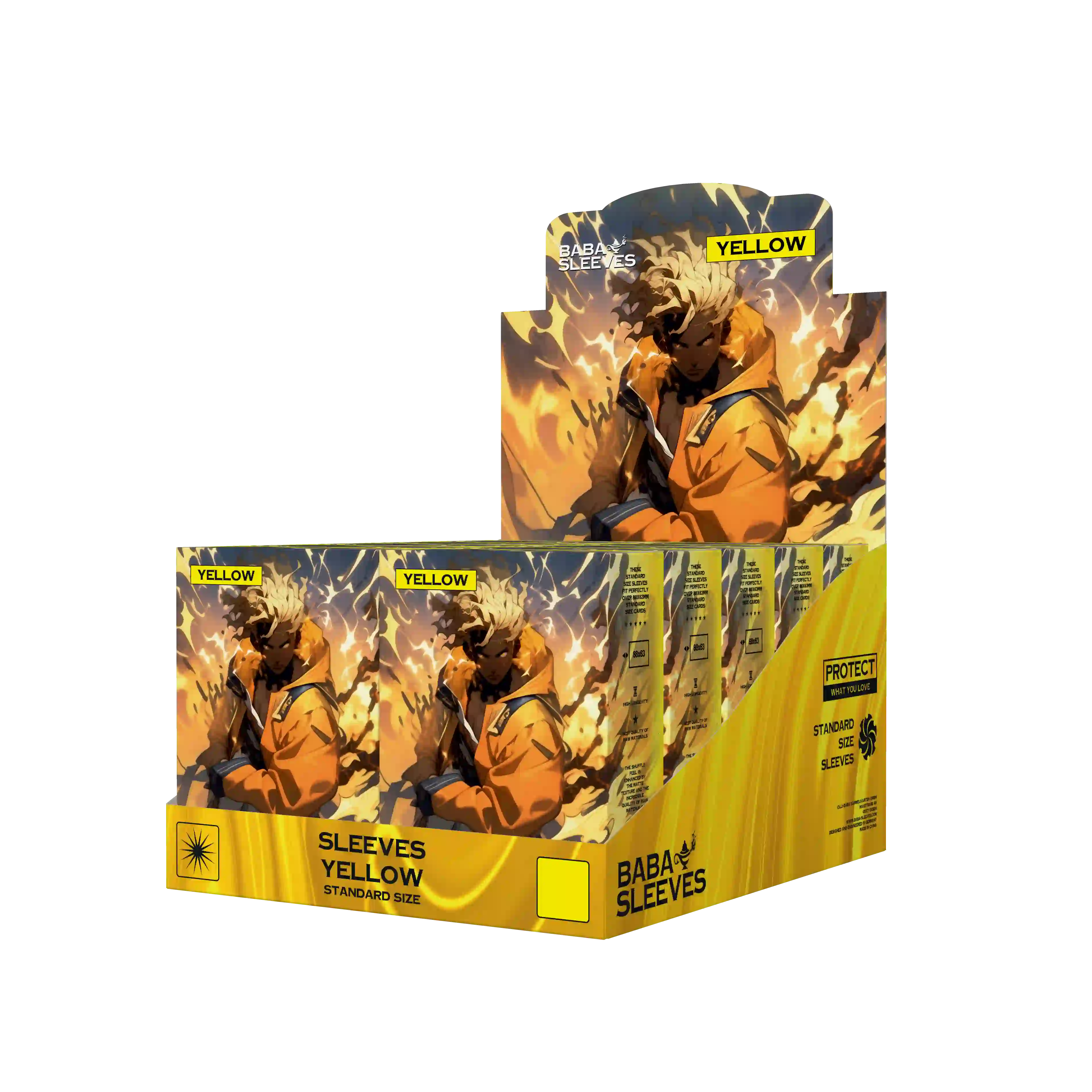 Display mit 10 Packungen gelbe Kartenhüllen Standard Size, Großpackung Sammelkarten Sleeves 66x91mm für TCG Händler und Sammler