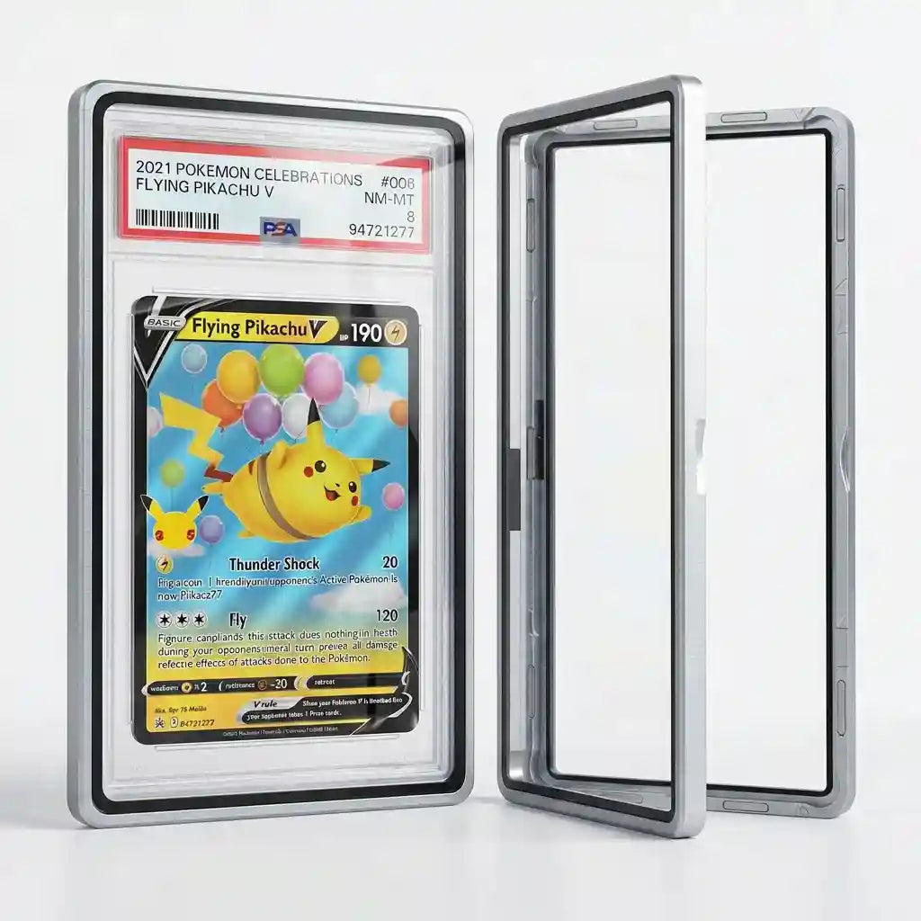 Graded Card Slab Bumper aus Aluminium und Hartglas mit UV‑Schutz, geöffnet mit PSA Slab und Pokémon Karte, Premium Schutzhülle für PSA CGC BGS
