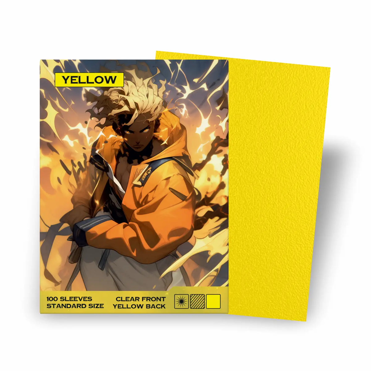 Kartenhüllen Standard Size gelb 100 Stück, Verpackung vorne – Sammelkartenhüllen 66x91mm für Pokémon, Magic the Gathering, One Piece TCG