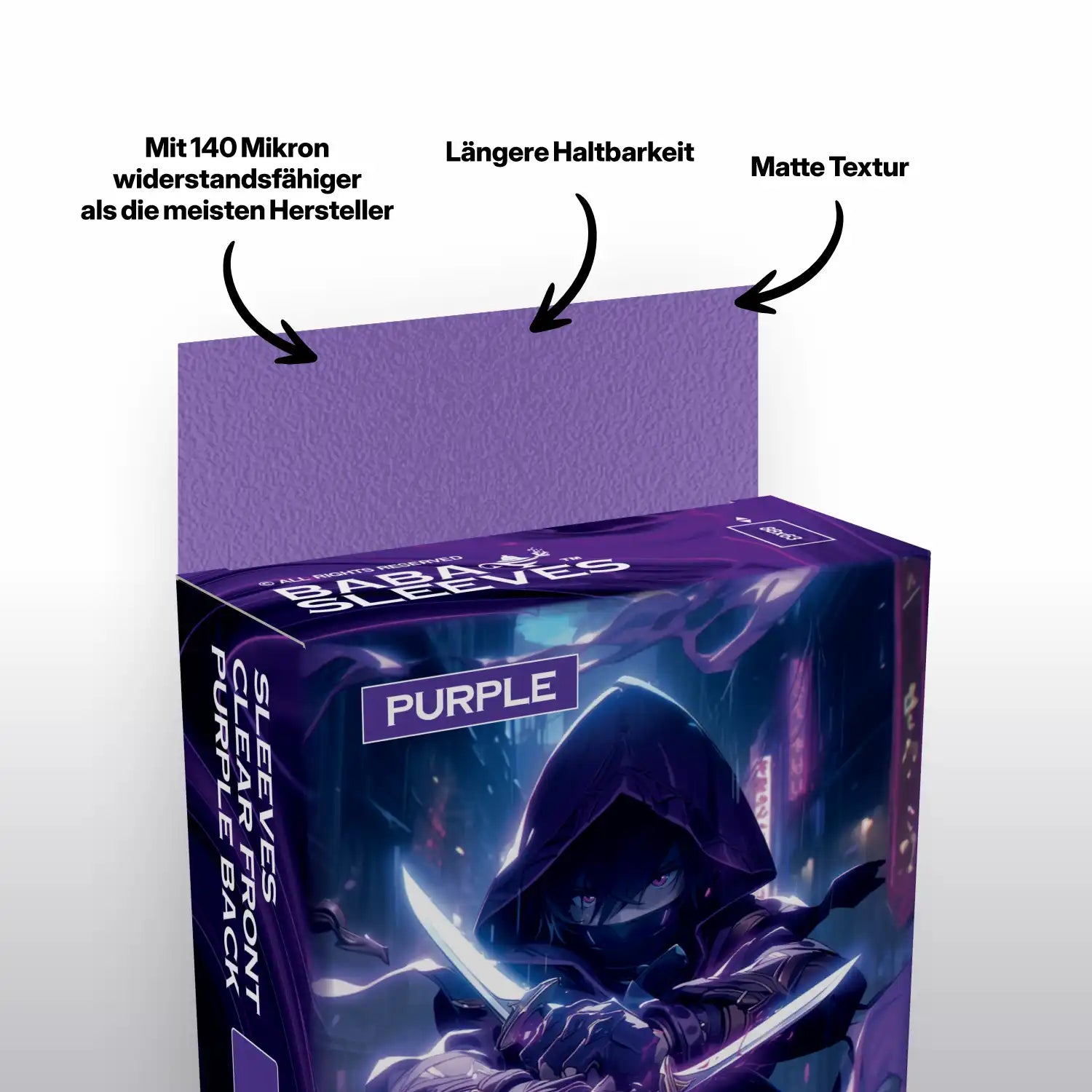 Nahansicht LIla Kartenhüllen Verpackung, Deck Protector Sleeves 100er Pack Standard Size für TCG Sammelkarten wie Pokémon und MTG