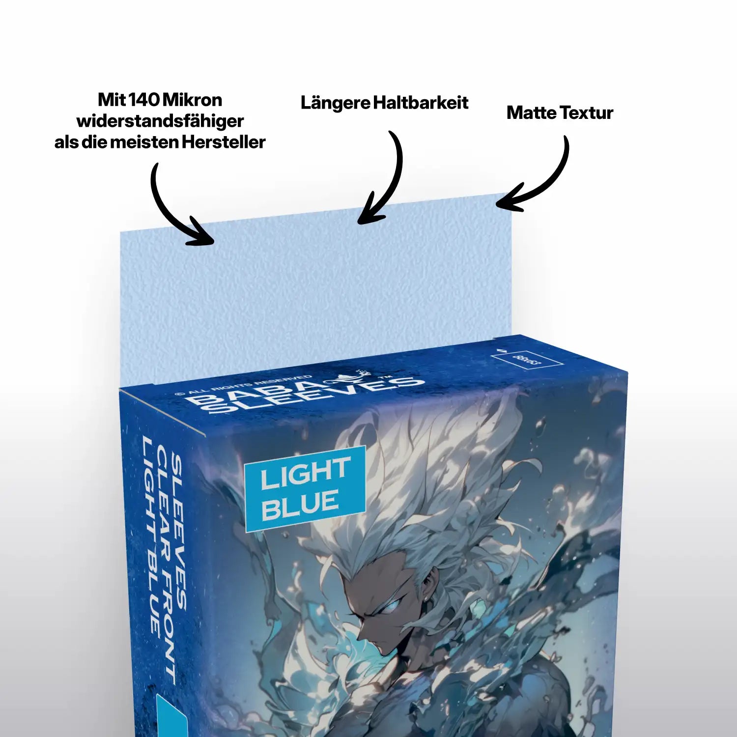 Nahansicht hellblaue light blue Kartenhüllen Verpackung, Deck Protector Sleeves 100er Pack Standard Size für TCG Sammelkarten wie Pokémon und MTG