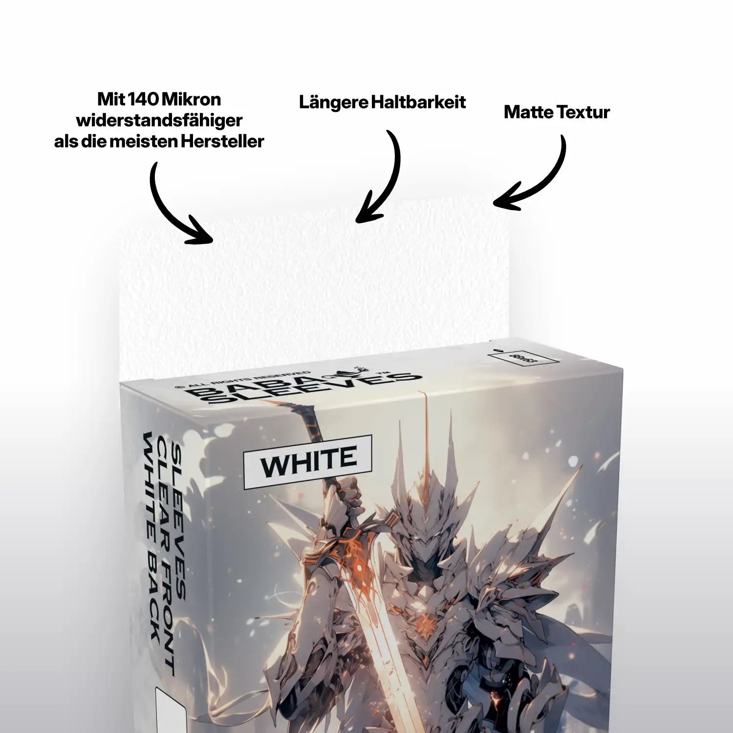 Nahansicht weisse Kartenhüllen Verpackung, Deck Protector Sleeves 100er Pack Standard Size für TCG Sammelkarten wie Pokémon und MTG