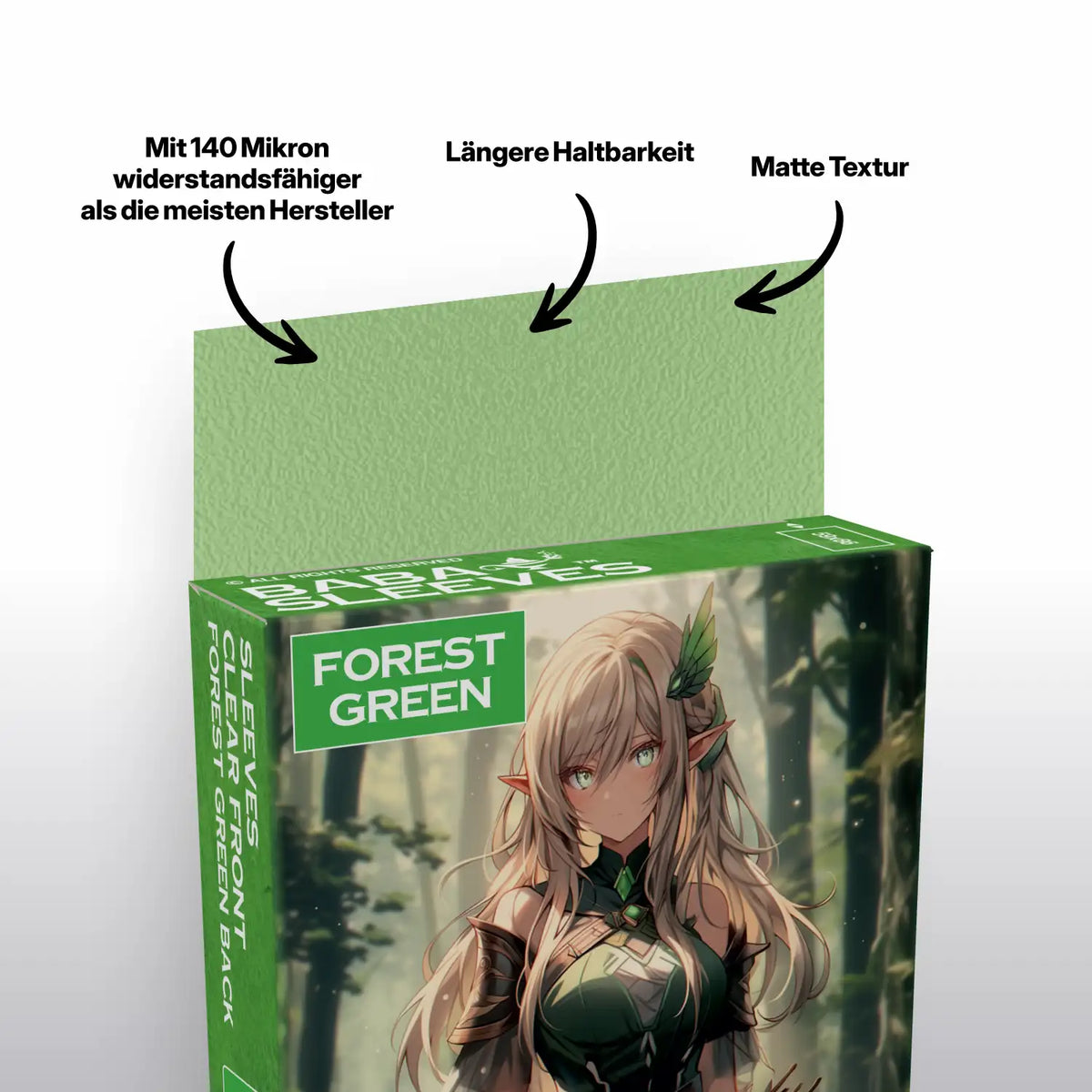 Nahaufnahme Verpackung und grüne forest green Kartenhülle Japanese Size für Yu-Gi-Oh Sammelkarten