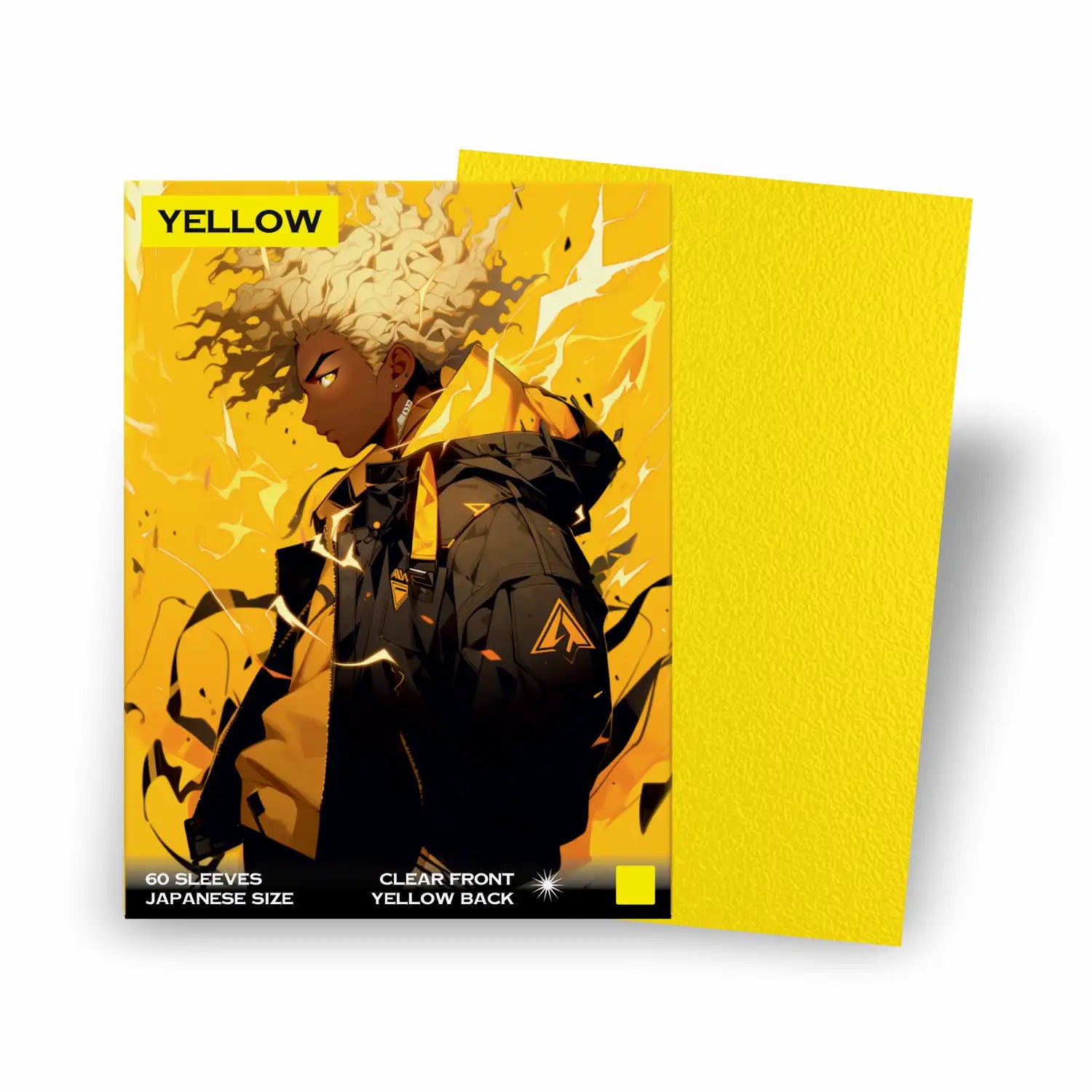 Packung mit 60 gelben yellow Yu-Gi-Oh Kartenhüllen Japanese Size auf weißem Hintergrund