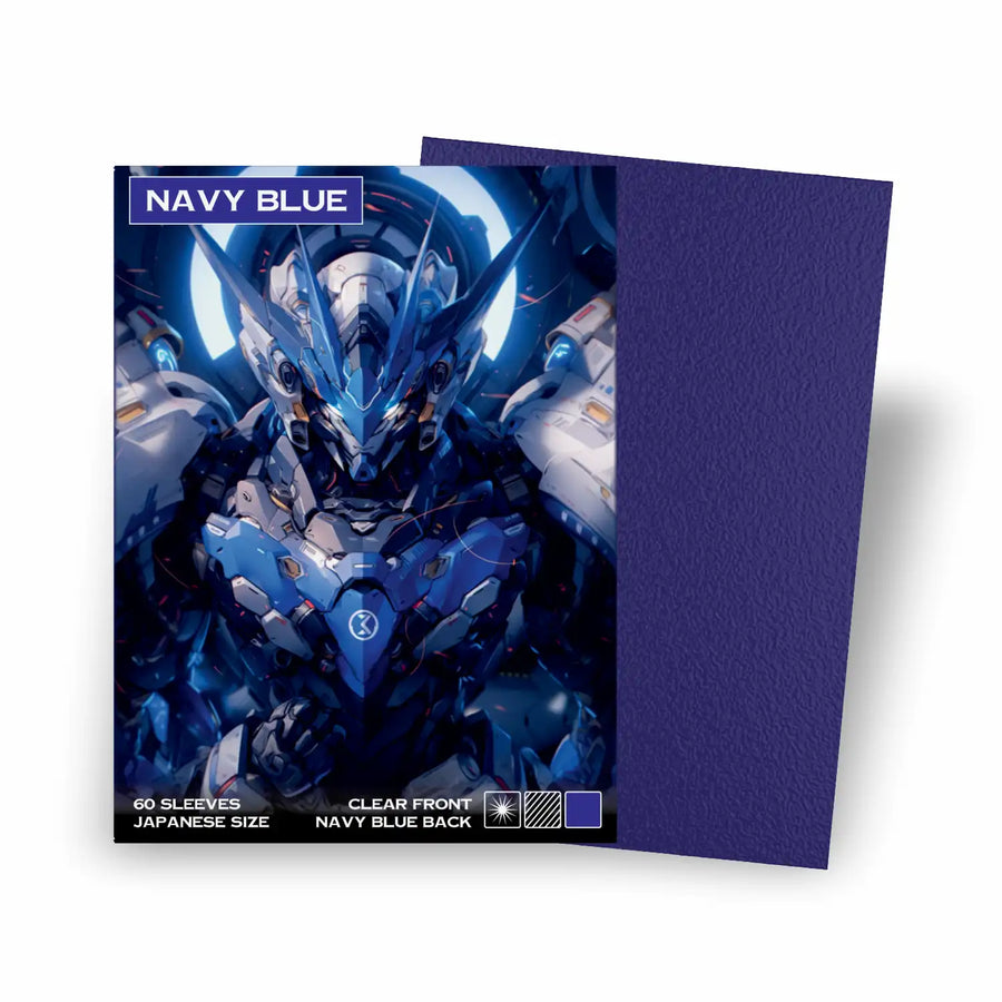 Packung mit 60 marineblauen Yu-Gi-Oh Kartenhüllen Japanese Size Navy Blue auf weißem Hintergrund