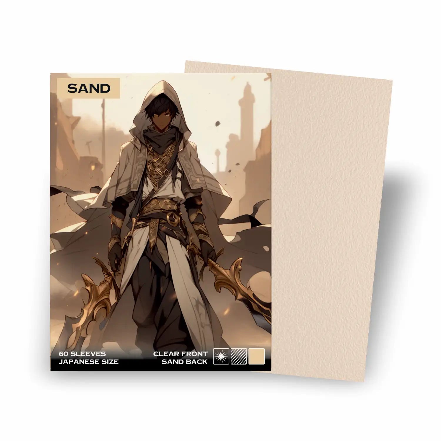 Packung mit 60 sandfarbenen Yu-Gi-Oh Kartenhüllen Japanese Size Sand Beige auf weißem Hintergrund