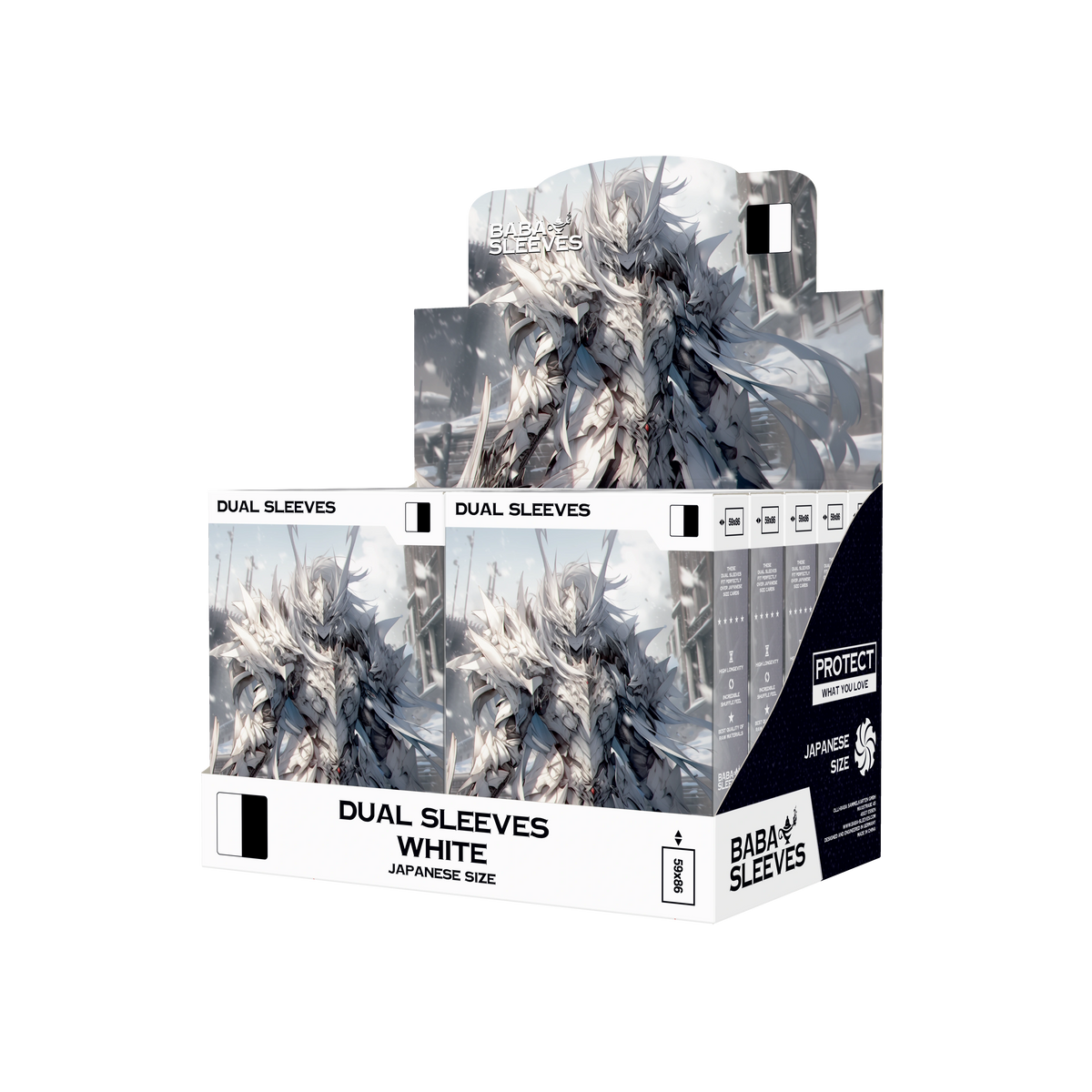 Regal-Display mit Yu-Gi-Oh! Dual Sleeves Weiß – 10 Packungen Japanese Size, matte, turniersichere Kartenhüllen für TCG Spieler