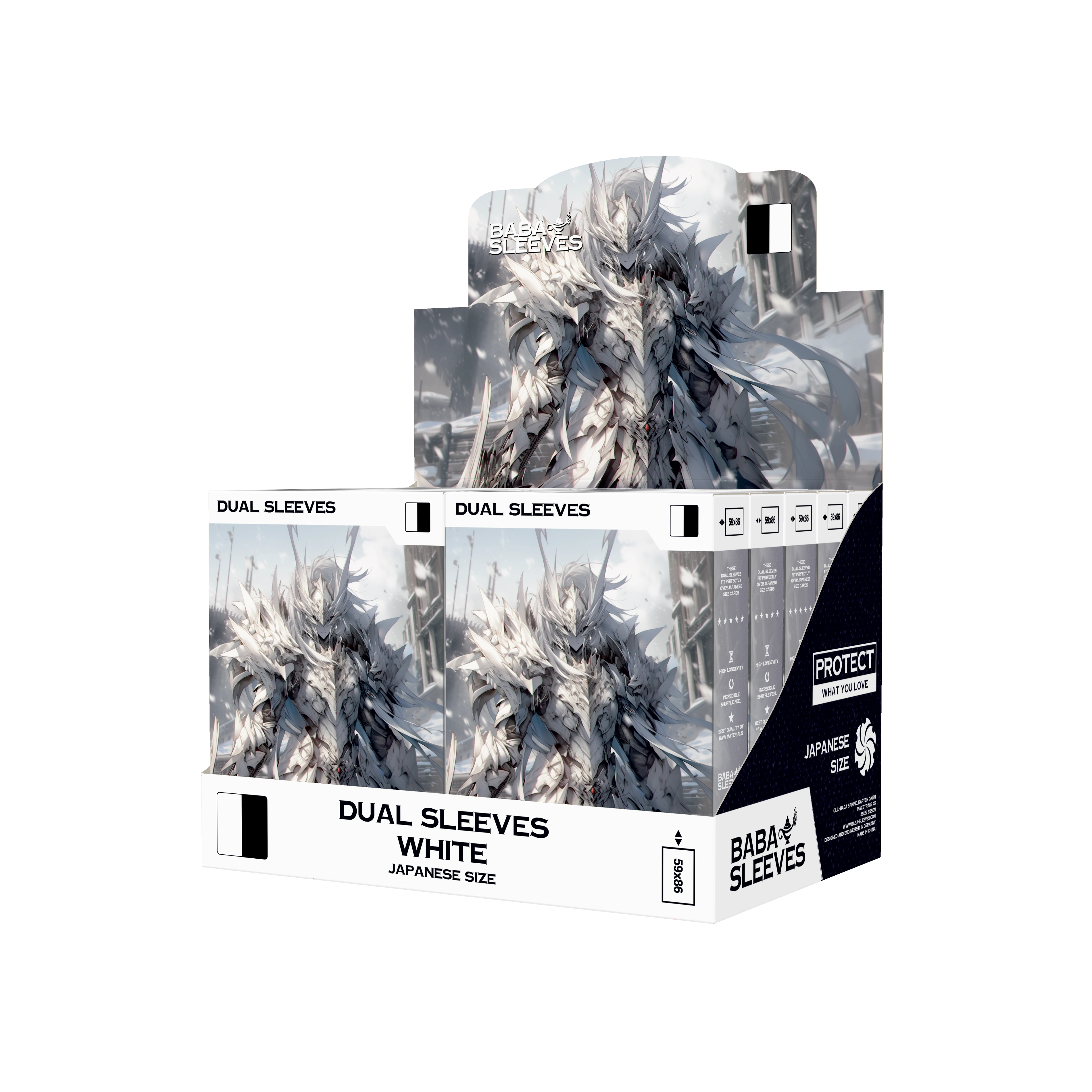 Regal-Display mit Yu-Gi-Oh! Dual Sleeves Weiß – 10 Packungen Japanese Size, matte, turniersichere Kartenhüllen für TCG Spieler