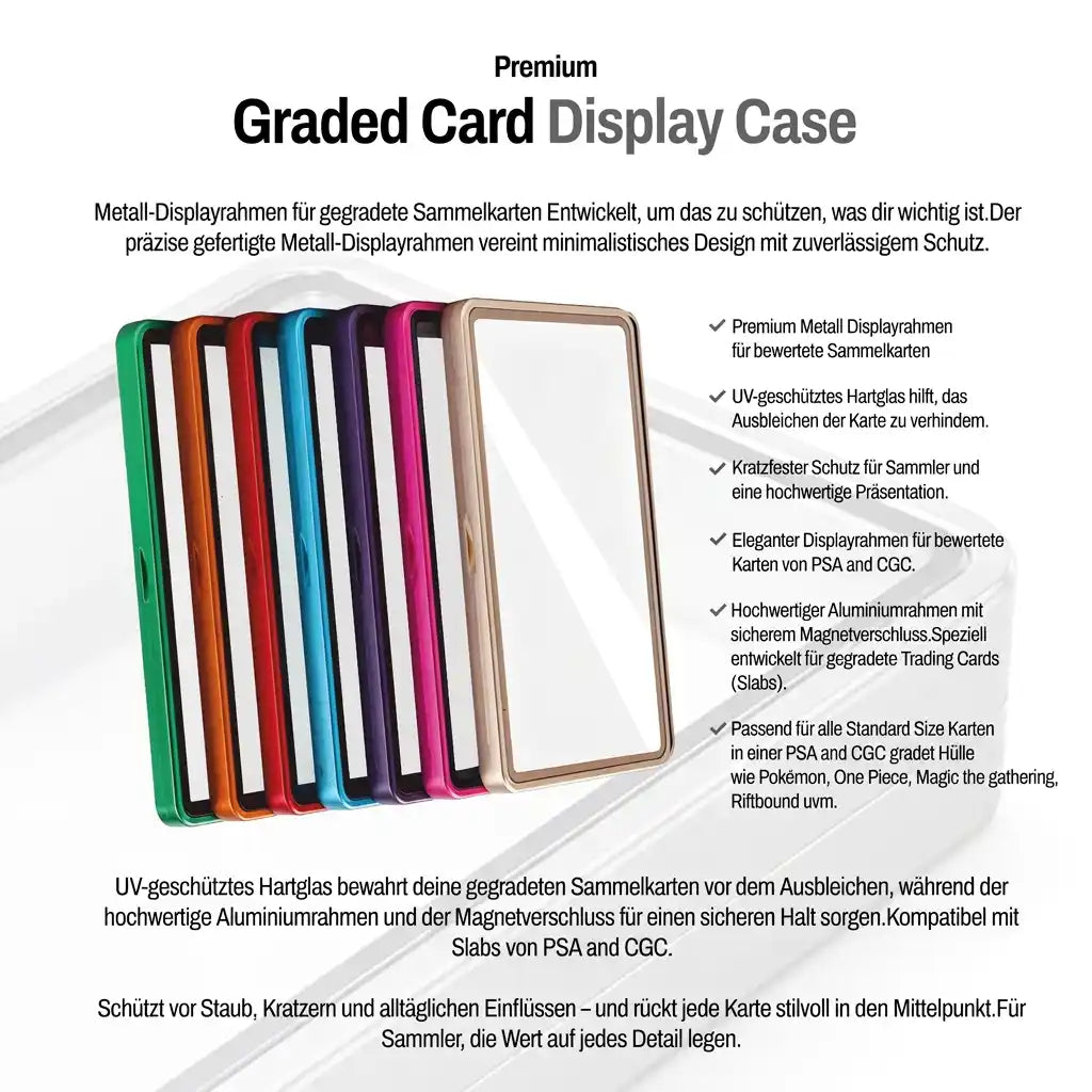 Graded Card Slab Bumper für PSA & CGC – Aluminium Metall Hartglas UV‑Schutz Hülle Silber | Yu-Gi-Oh!, Pokémon, One Piece, Magic the Gathering