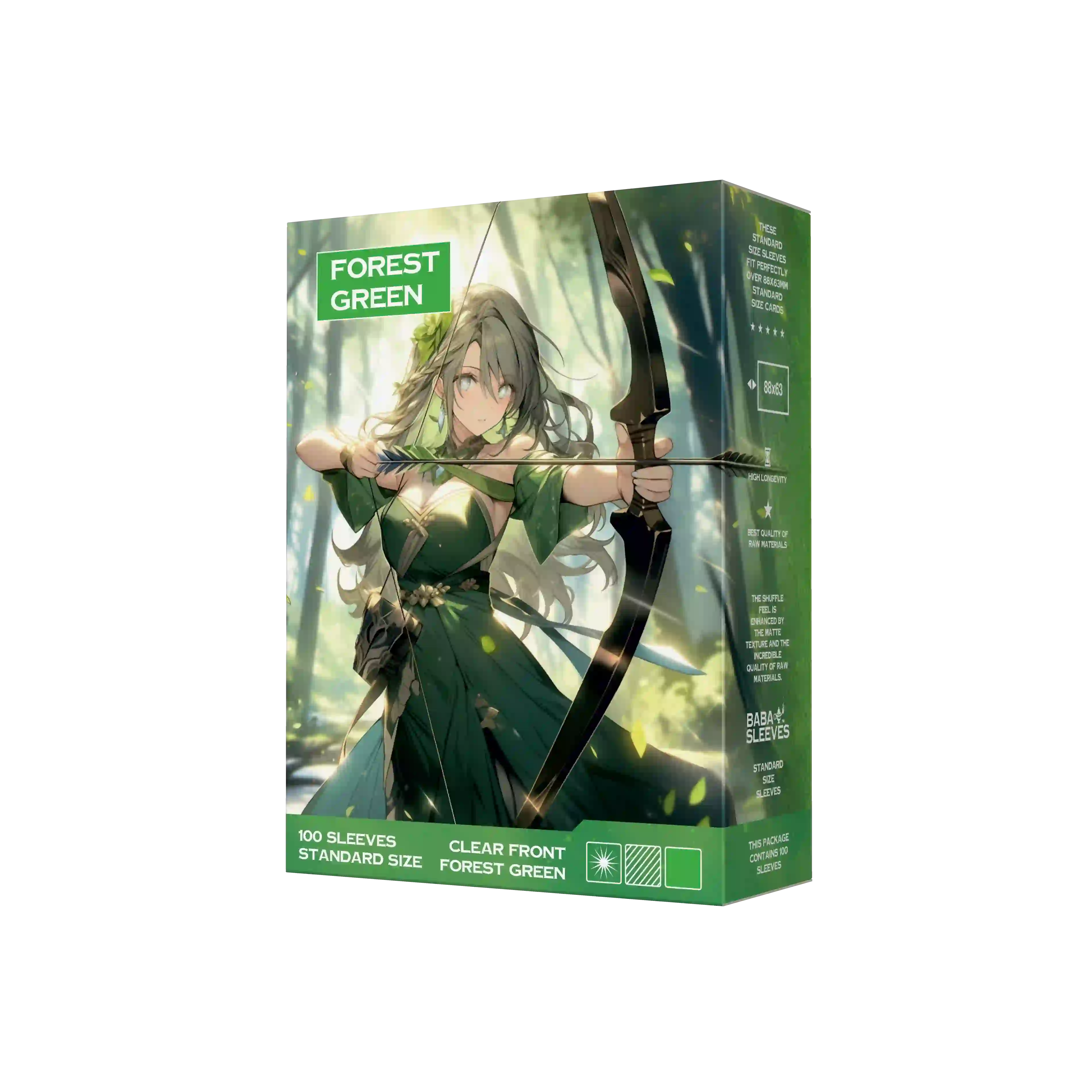 Seitenansicht Grüne Kartenhüllen Verpackung 100er Pack, Standard Size Deck Sleeves 66x91mm für Pokémon TCG, One Piece, Flesh and Blood