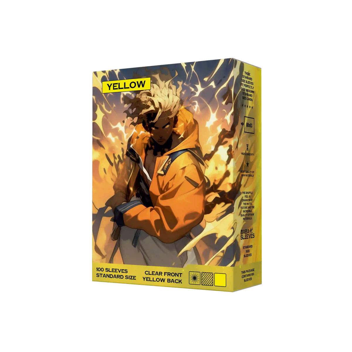 Seitenansicht gelbe Kartenhüllen Verpackung 100er Pack, Standard Size Deck Sleeves 66x91mm für Pokémon TCG, One Piece, Flesh and Blood