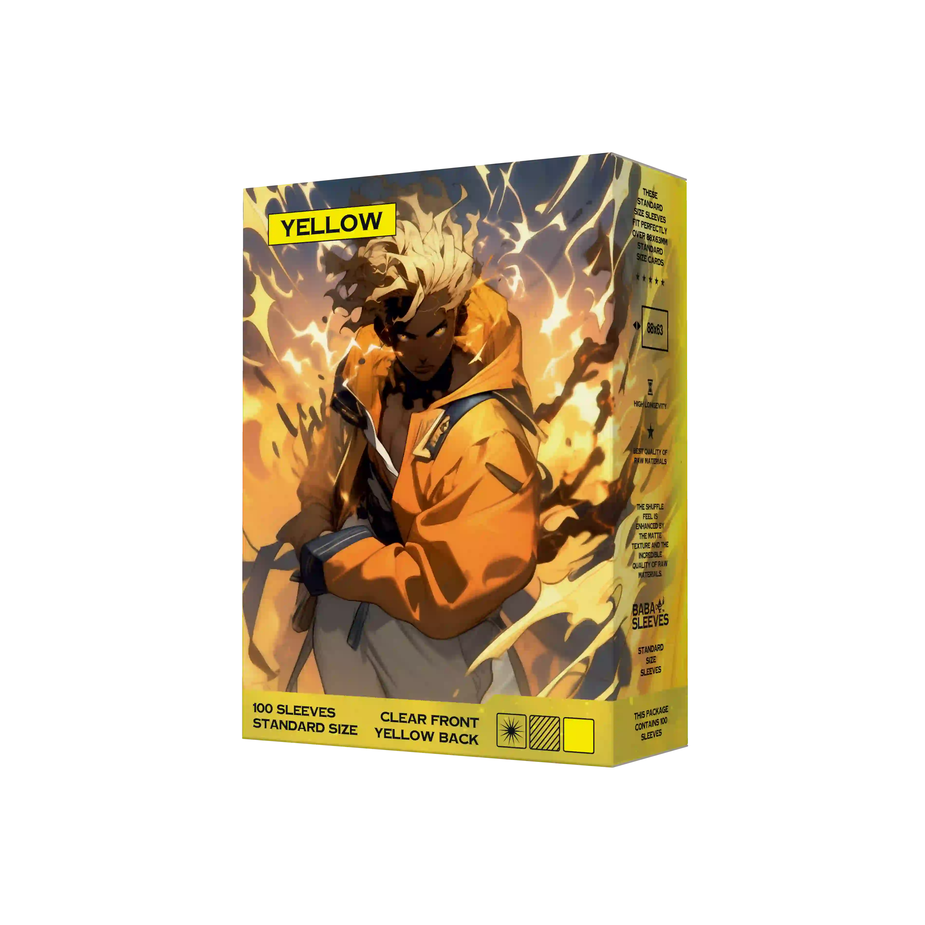 Seitenansicht gelbe Kartenhüllen Verpackung 100er Pack, Standard Size Deck Sleeves 66x91mm für Pokémon TCG, One Piece, Flesh and Blood