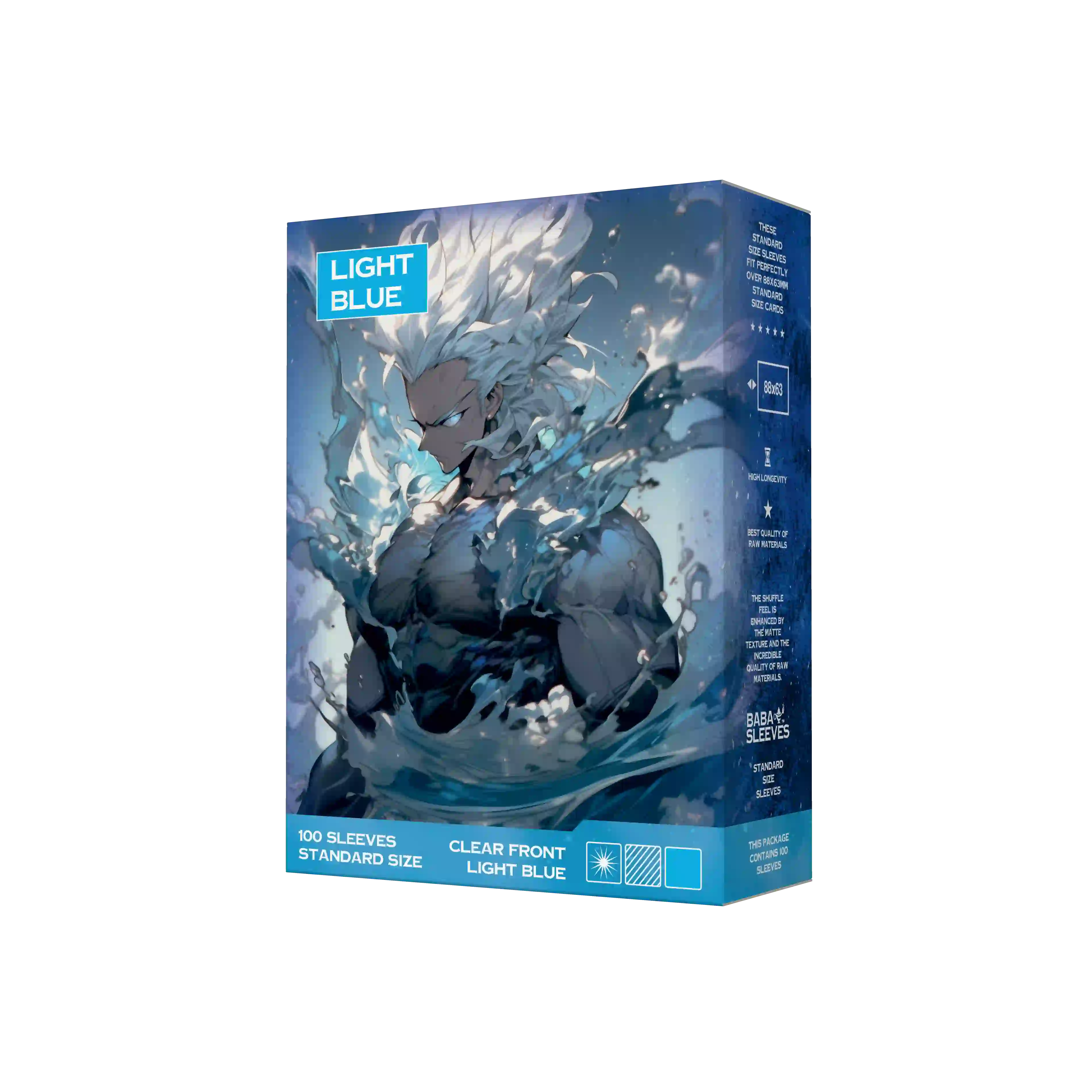 Seitenansicht hell blaue light blue Kartenhüllen Verpackung 100er Pack, Standard Size Deck Sleeves 66x91mm für Pokémon TCG, One Piece, Flesh and Blood