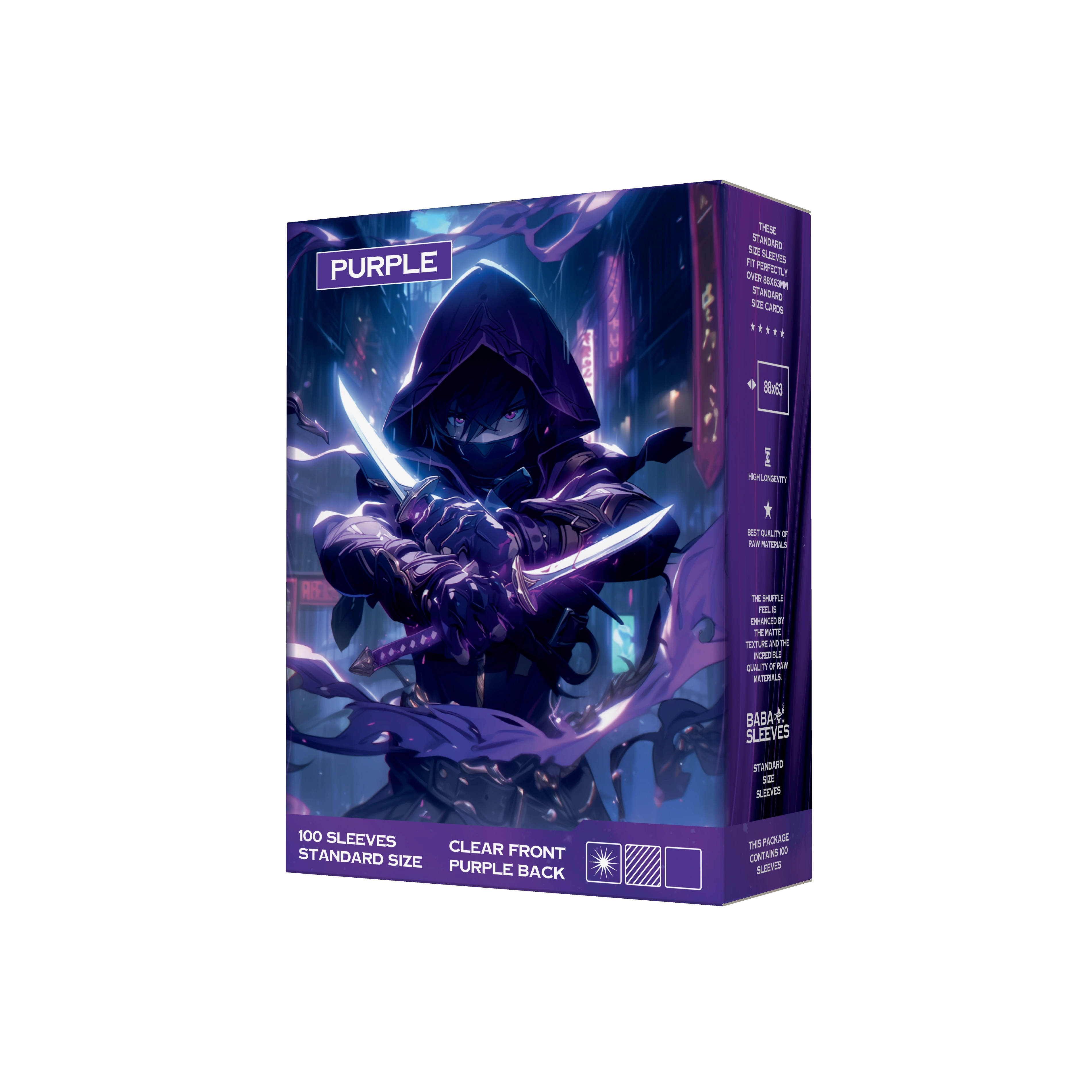 Seitenansicht lilane Kartenhüllen Verpackung 100er Pack, Standard Size Deck Sleeves 66x91mm für Pokémon TCG, One Piece, Flesh and Blood