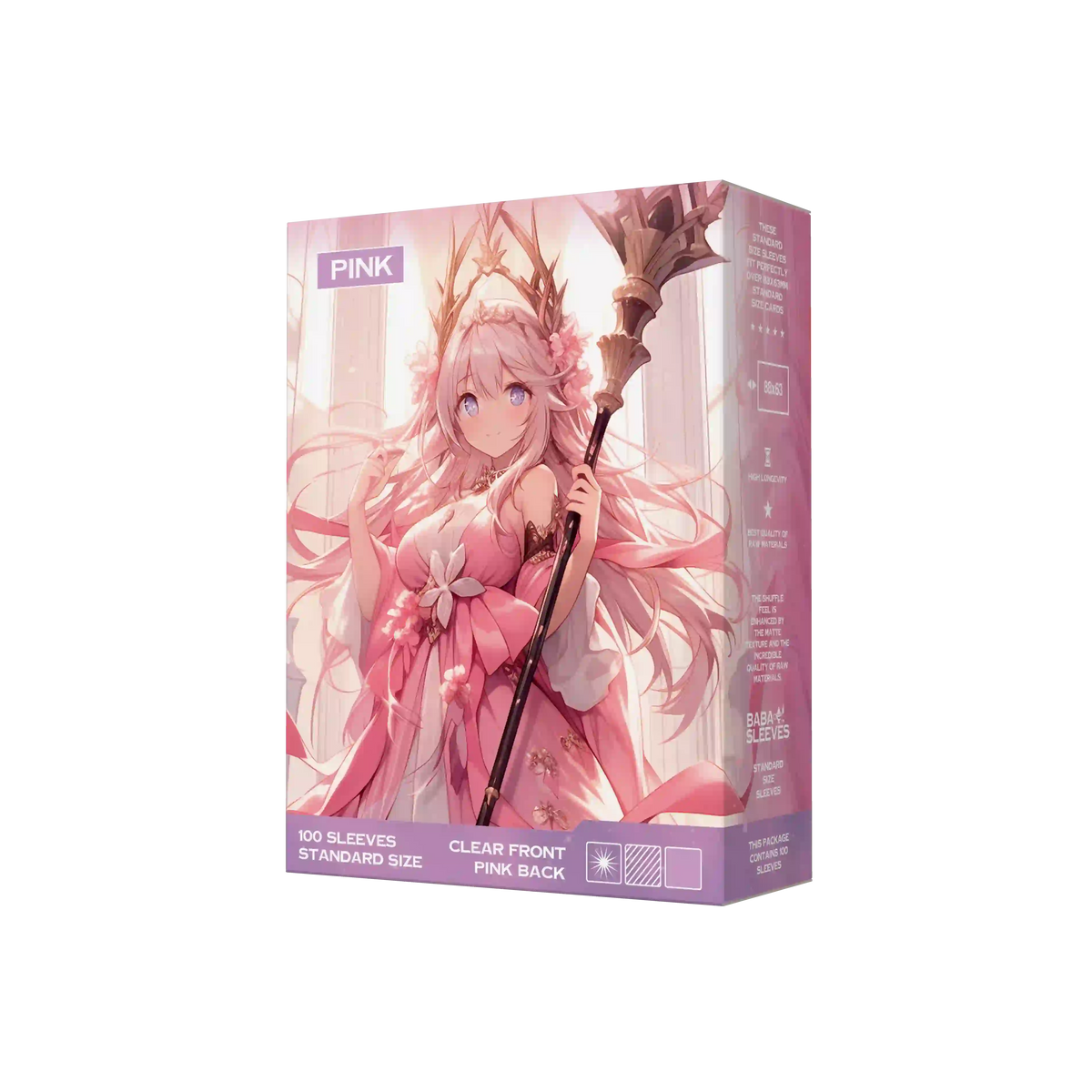 Seitenansicht pinke Kartenhüllen Verpackung 100er Pack, Standard Size Deck Sleeves 66x91mm für Pokémon TCG, One Piece, Flesh and Blood
