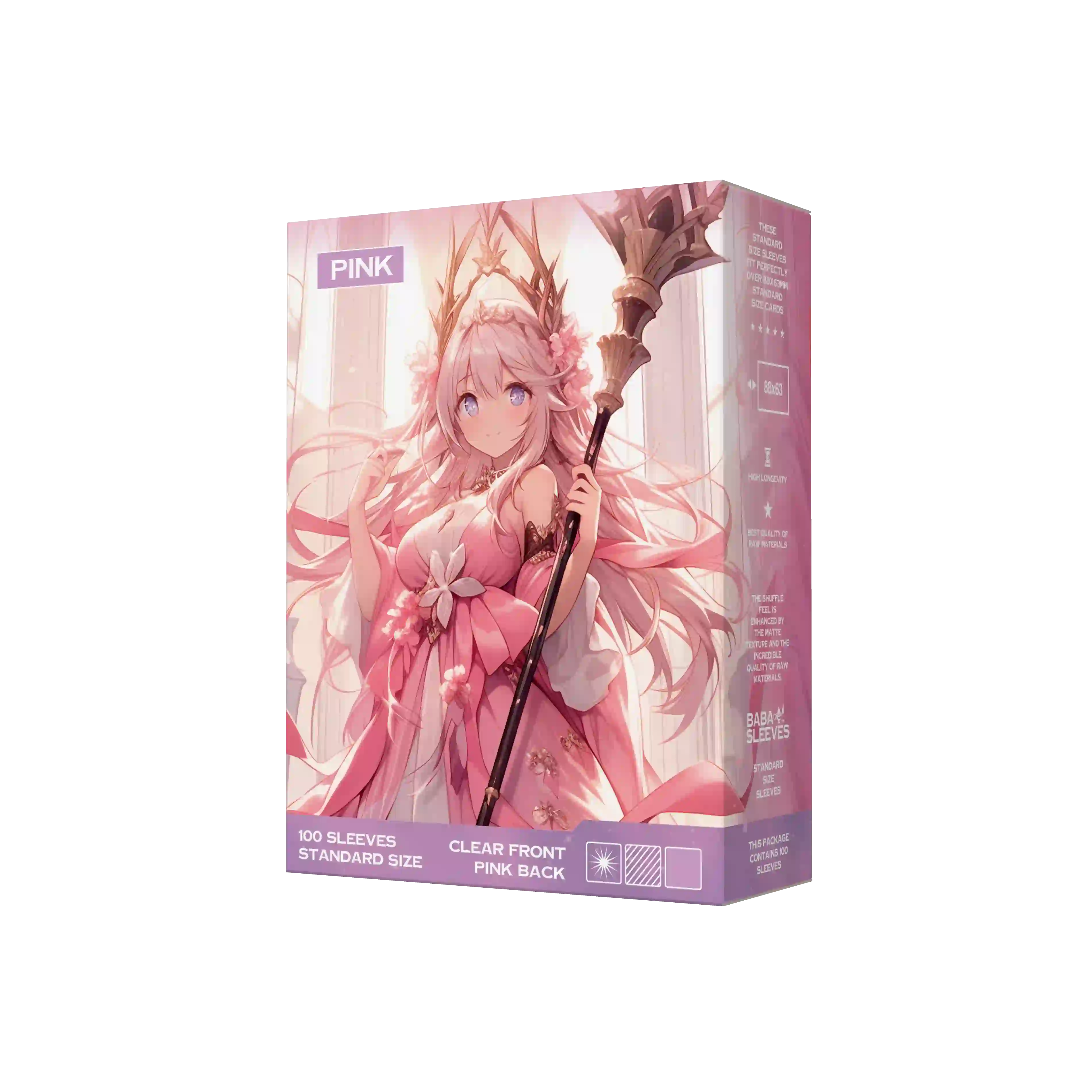 Seitenansicht pinke Kartenhüllen Verpackung 100er Pack, Standard Size Deck Sleeves 66x91mm für Pokémon TCG, One Piece, Flesh and Blood