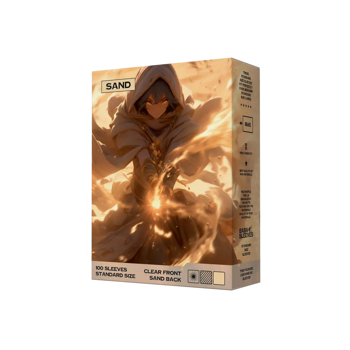 Seitenansicht sand Beige Kartenhüllen Verpackung 100er Pack, Standard Size Deck Sleeves 66x91mm für Pokémon TCG, One Piece, Flesh and Blood