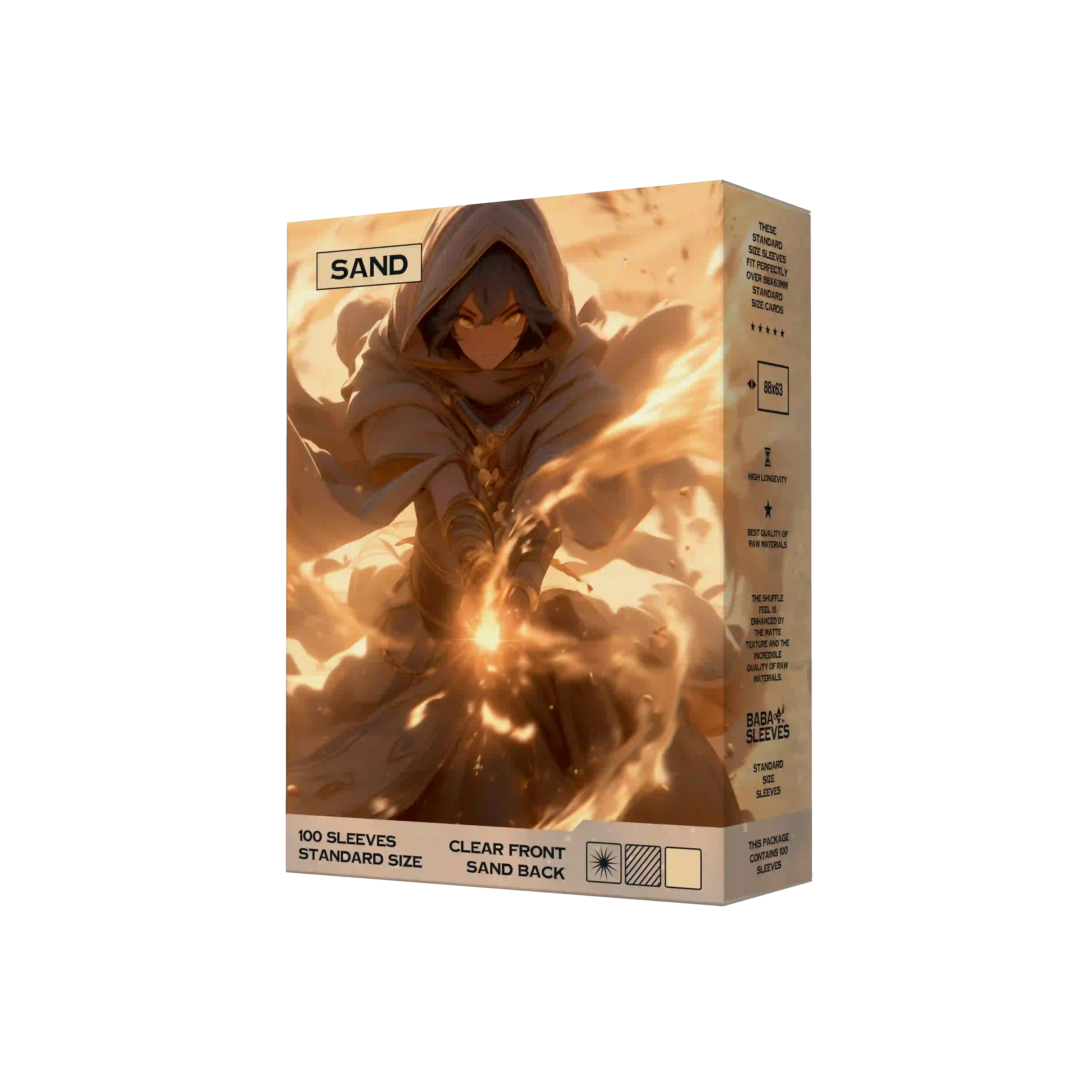 Seitenansicht sand Beige Kartenhüllen Verpackung 100er Pack, Standard Size Deck Sleeves 66x91mm für Pokémon TCG, One Piece, Flesh and Blood
