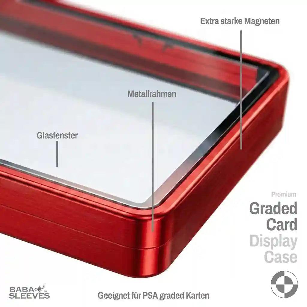 Detailansicht Slab Bumper Hartglas UV‑Schutz, Aluminium Metallrahmen mit Magnetverschluss, passgenaue Schutzhülle für PSA BGS CGC Standard Slabs