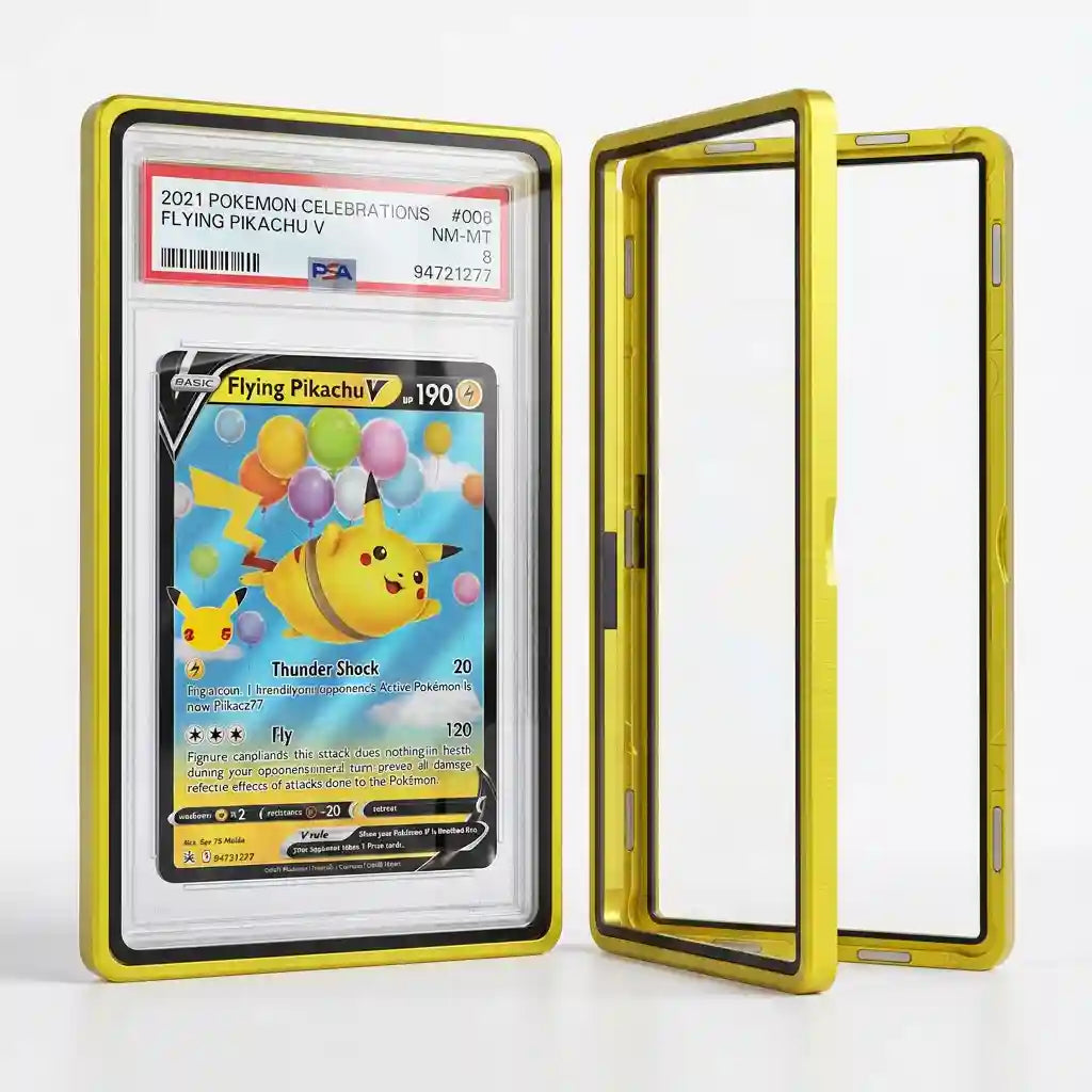 Graded Card Slab Bumper aus Aluminium und Hartglas mit UV‑Schutz, geöffnet mit PSA Slab und Pokémon Karte, Premium Schutzhülle für PSA CGC BGS