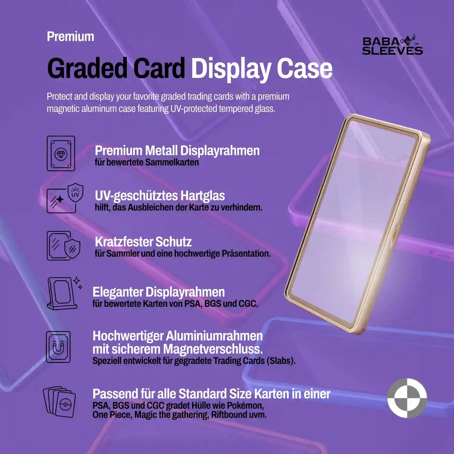 Graded Card Slab Bumper für PSA CGC BGS – Aluminium Metall Hartglas UV‑Schutz Hülle Silber | Pokémon, One Piece, Magic the Gathering