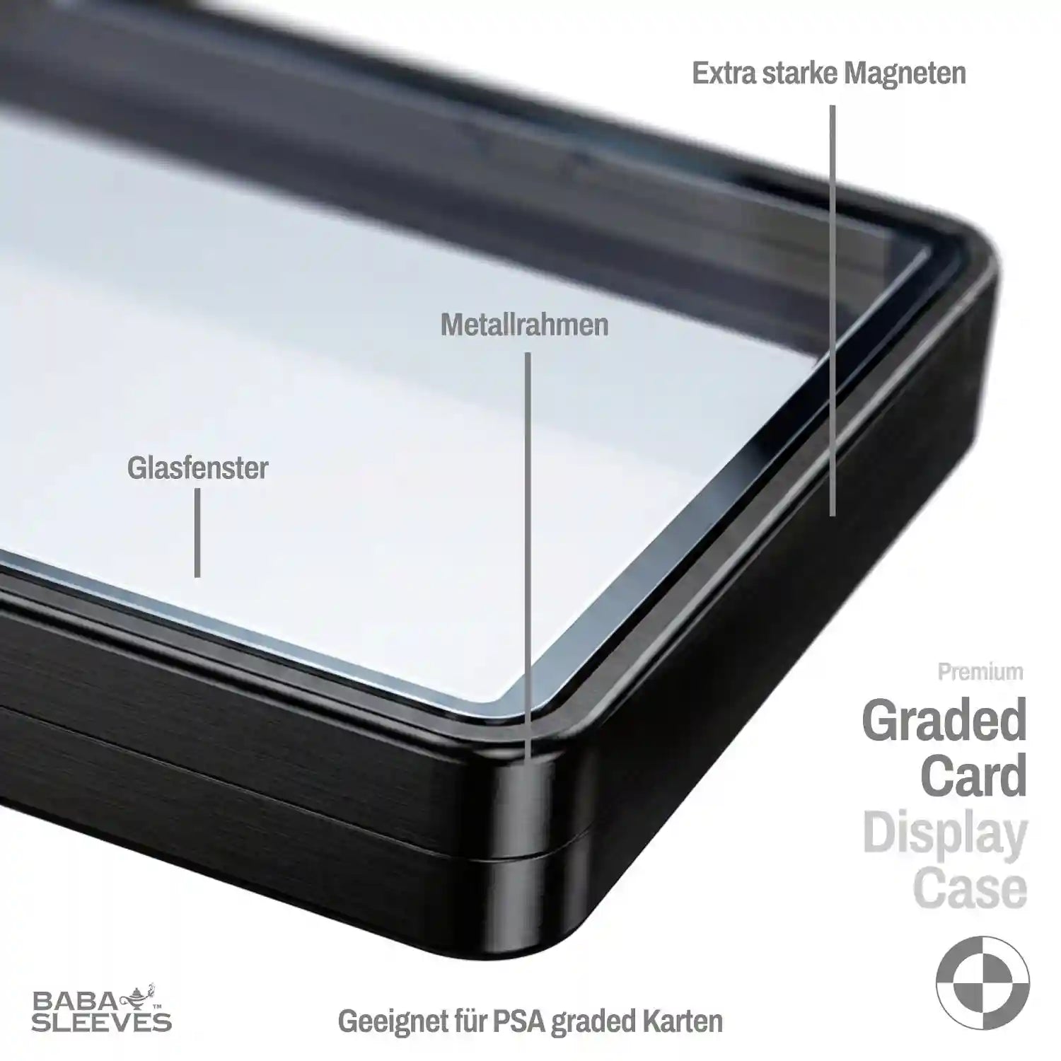 Detailansicht Slab Bumper Hartglas UV‑Schutz, Aluminium Metallrahmen mit Magnetverschluss, passgenaue Schutzhülle für PSA BGS CGC Standard Slabs