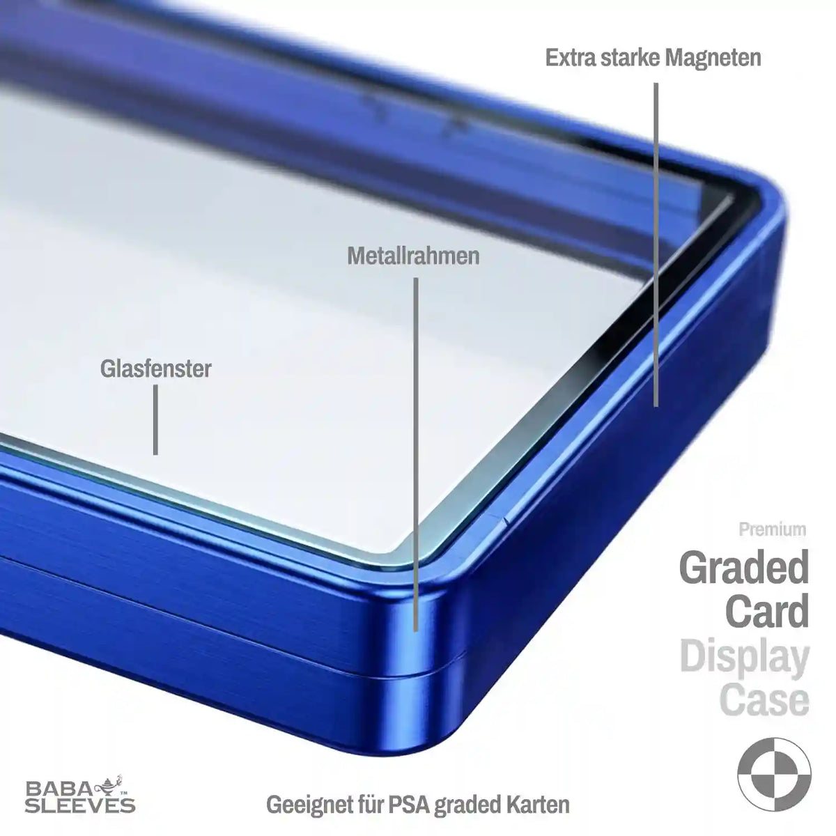 Detailansicht Slab Bumper Hartglas UV‑Schutz, Aluminium Metallrahmen mit Magnetverschluss, passgenaue Schutzhülle für PSA BGS CGC Standard Slabs