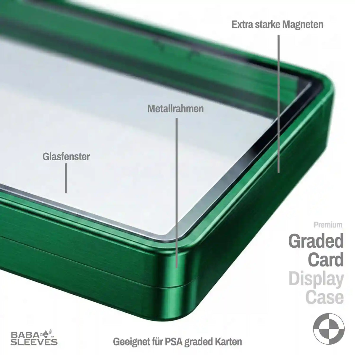 Detailansicht Slab Bumper Hartglas UV‑Schutz, Aluminium Metallrahmen mit Magnetverschluss, passgenaue Schutzhülle für PSA BGS CGC Standard Slabs