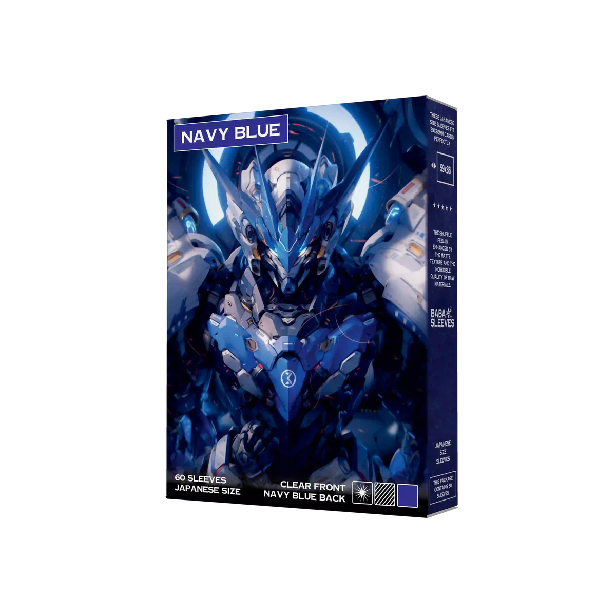 60 marineblaue Kartenhüllen Japanese Size fächerförmig ausgelegt neben Yu-Gi-Oh Karte