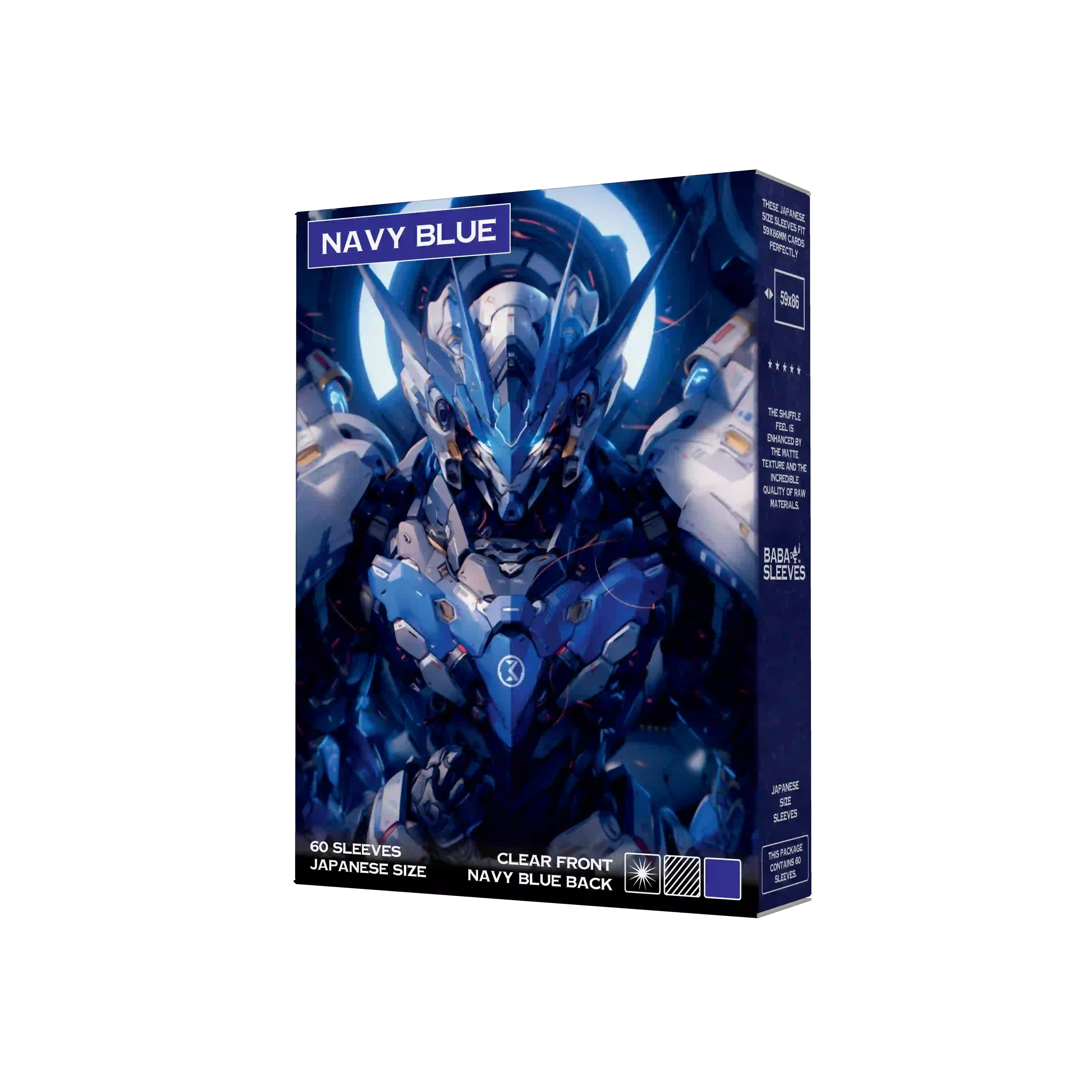 60 marineblaue Kartenhüllen Japanese Size fächerförmig ausgelegt neben Yu-Gi-Oh Karte