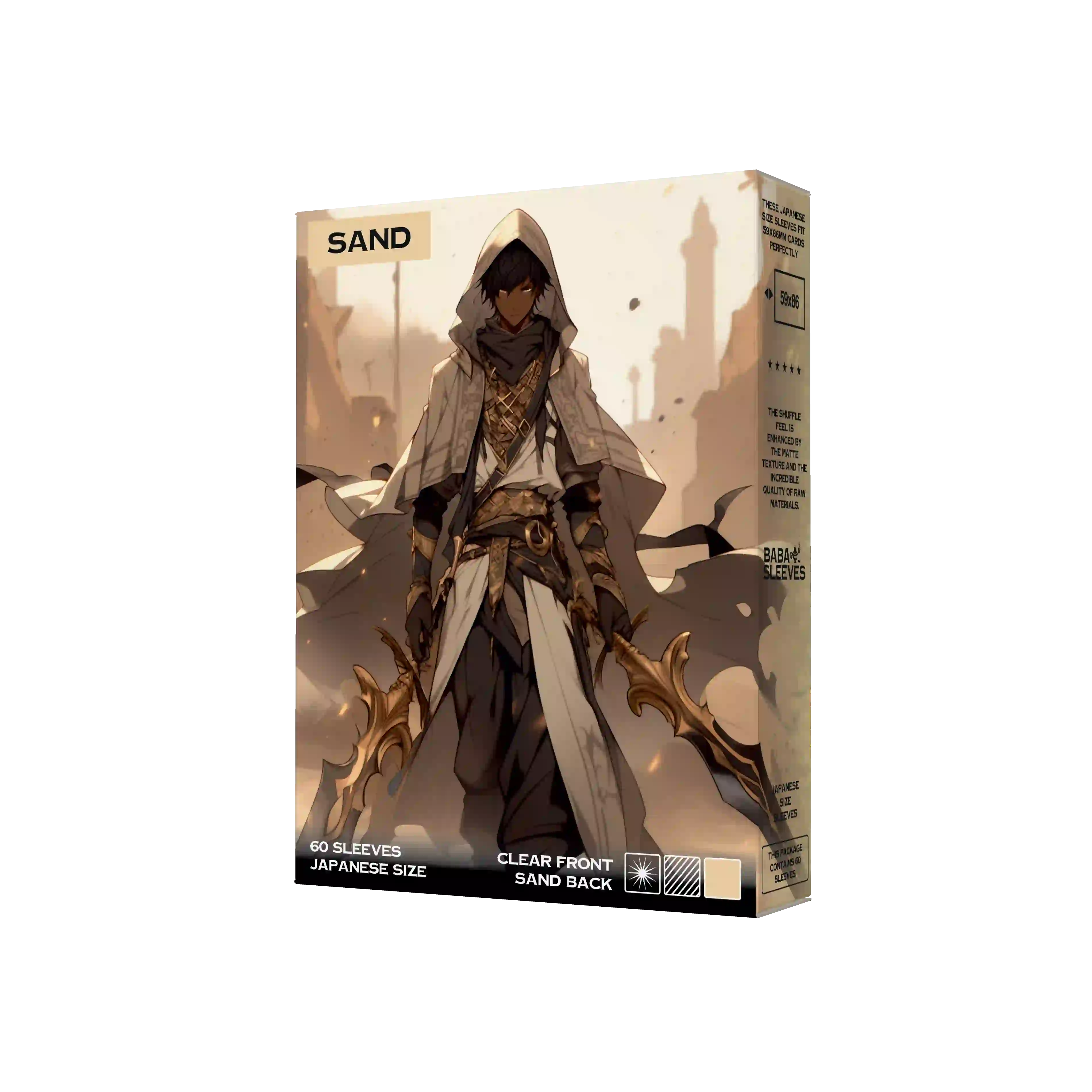 60 sandfarbene Kartenhüllen Japanese Size Beige fächerförmig ausgelegt neben Yu-Gi-Oh Karte