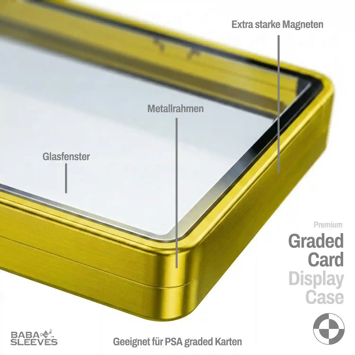 Detailansicht Slab Bumper Hartglas UV‑Schutz, Aluminium Metallrahmen mit Magnetverschluss, passgenaue Schutzhülle für PSA BGS CGC Standard Slabs