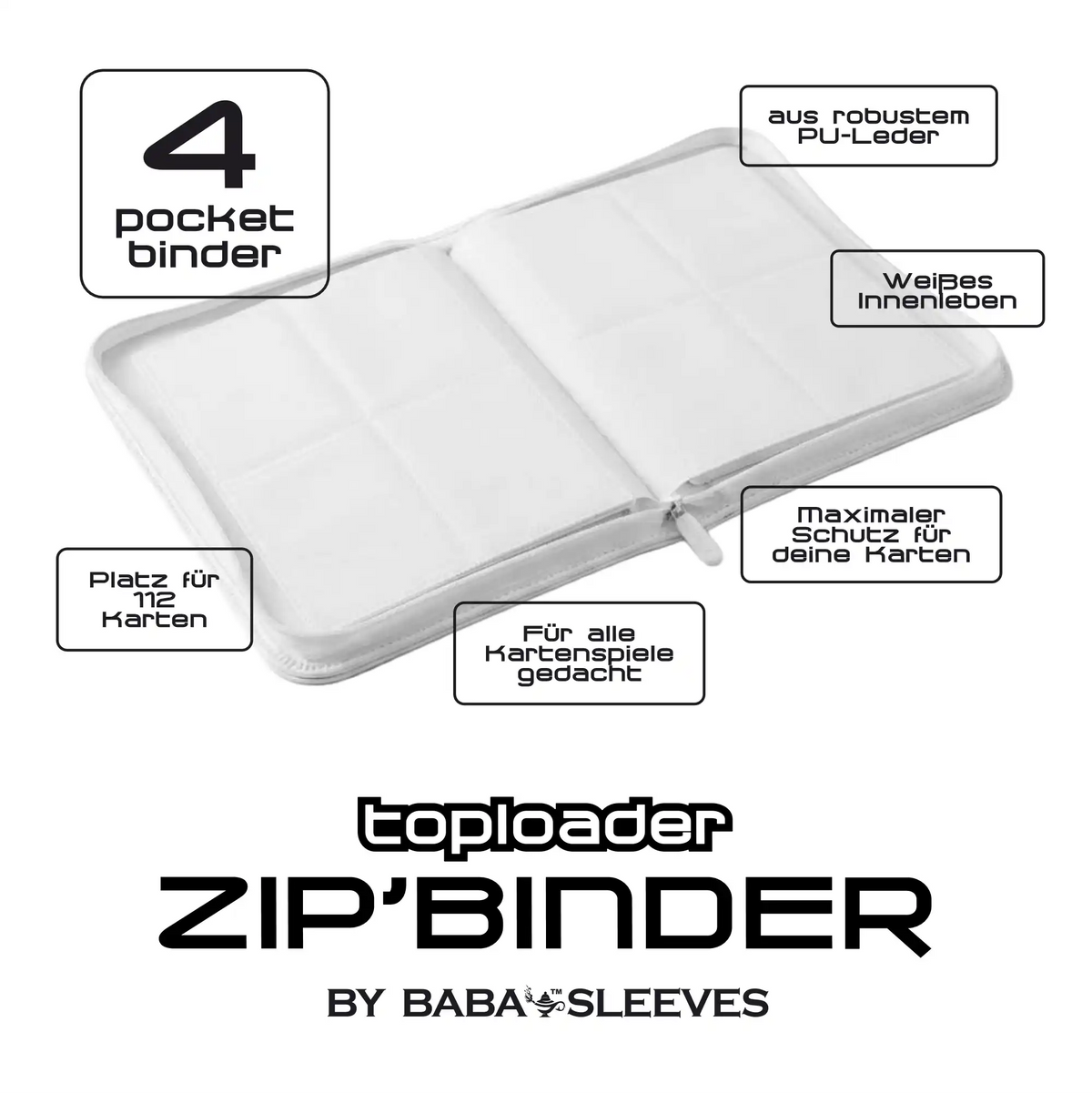 Toploader Binder Klein Weiß für 112 Karten – TCG Sammelmappe für Pokémon, Yu-Gi-Oh & Magic | PU-Leder mit Reißverschluss