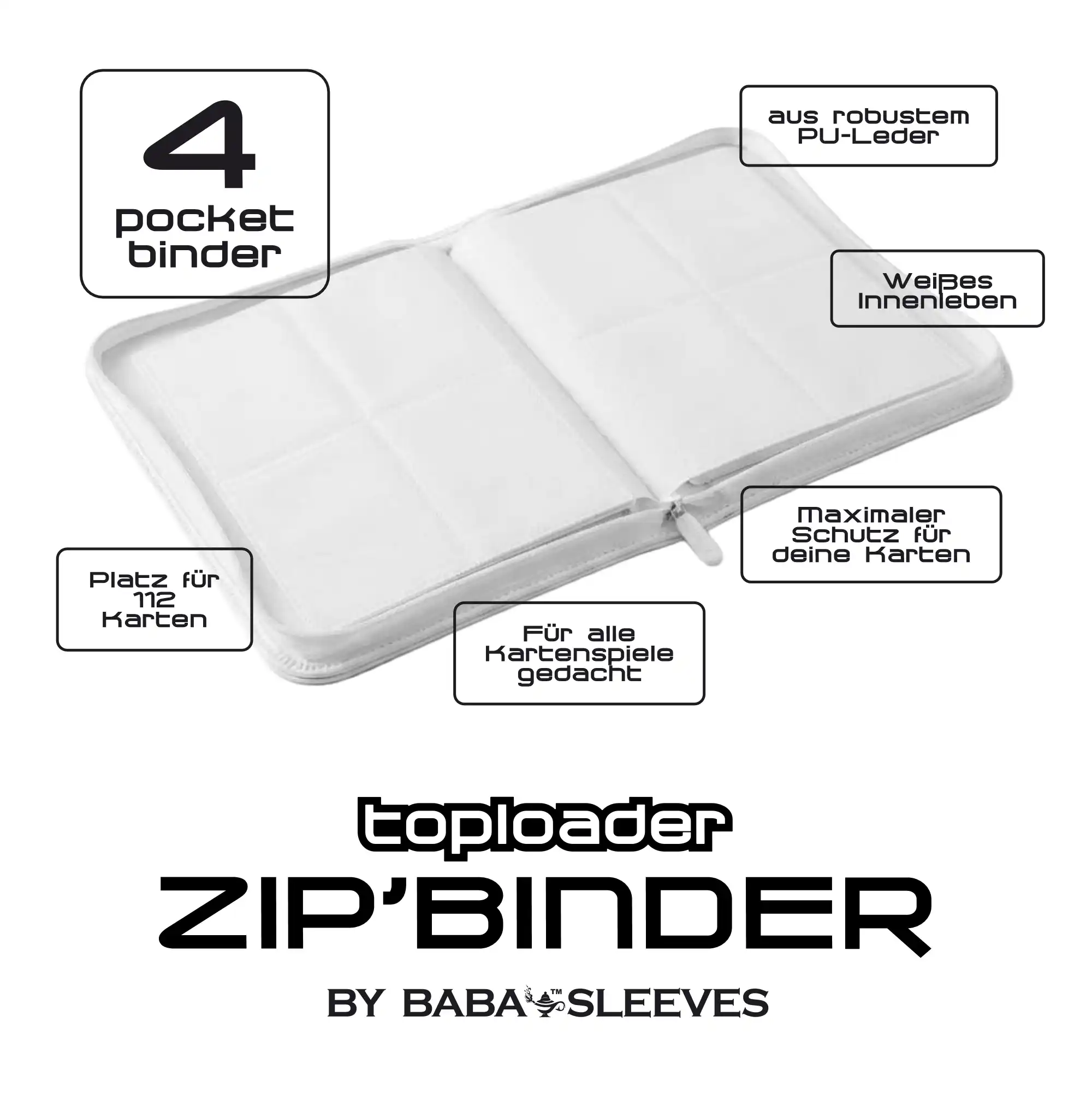 Toploader Binder Klein Weiß für 112 Karten – TCG Sammelmappe für Pokémon, Yu-Gi-Oh & Magic | PU-Leder mit Reißverschluss
