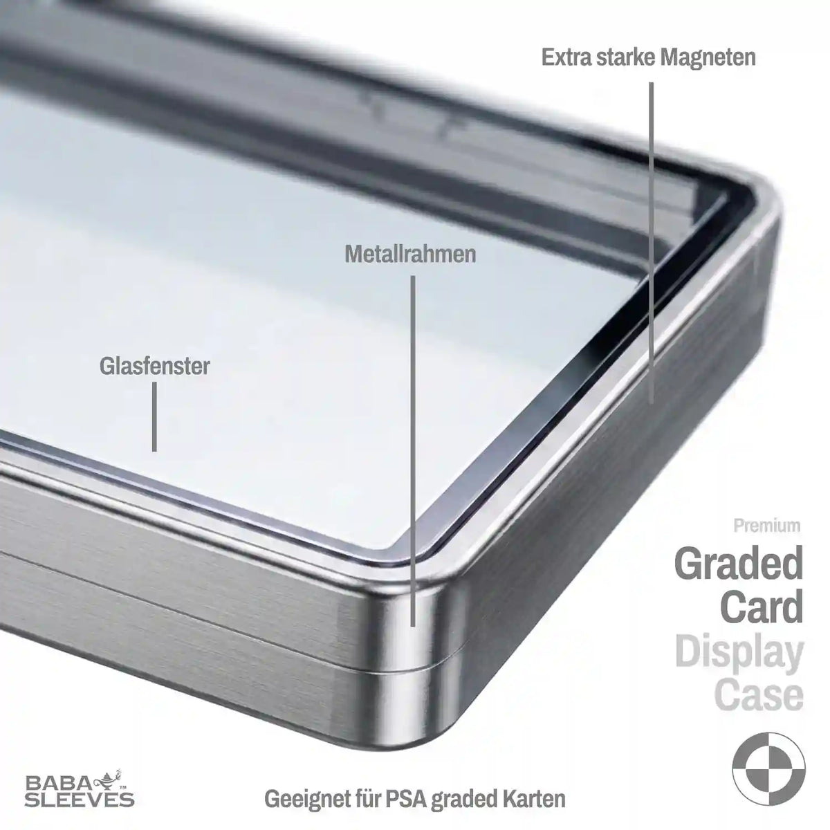 Detailansicht Slab Bumper Hartglas UV‑Schutz, Aluminium Metallrahmen mit Magnetverschluss, passgenaue Schutzhülle für PSA BGS CGC Standard Slabs
