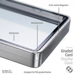 Detailansicht Slab Bumper Hartglas UV‑Schutz, Aluminium Metallrahmen mit Magnetverschluss, passgenaue Schutzhülle für PSA BGS CGC Standard Slabs