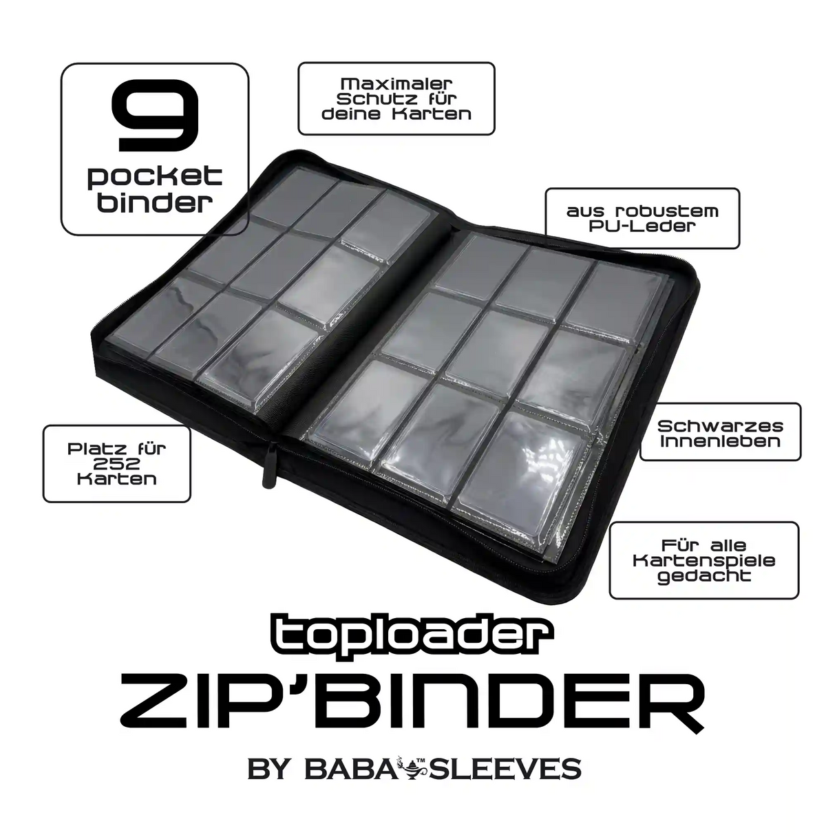 Detailansicht großer schwarzer Toploader Binder, extra tiefe Fächer mit sicher eingesteckten Topladern und Sammelkarten, PU‑Leder Oberfläche