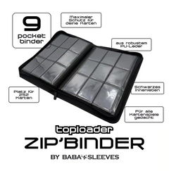 Detailansicht großer schwarzer Toploader Binder, extra tiefe Fächer mit sicher eingesteckten Topladern und Sammelkarten, PU‑Leder Oberfläche
