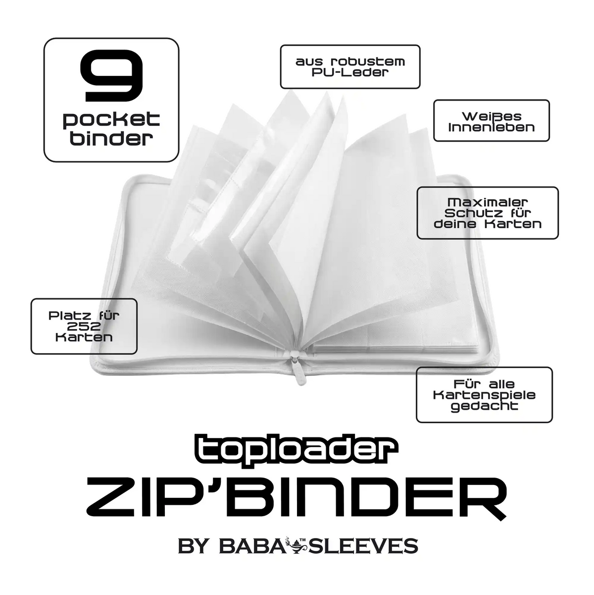 Detailansicht großer weißer Toploader Binder, weiße Innenseiten mit 9 extra tiefen Fächern pro Seite und sicher eingesteckten Topladern, Clean‑Look Design