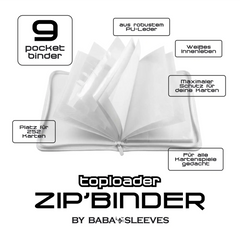 Detailansicht großer weißer Toploader Binder, weiße Innenseiten mit 9 extra tiefen Fächern pro Seite und sicher eingesteckten Topladern, Clean‑Look Design