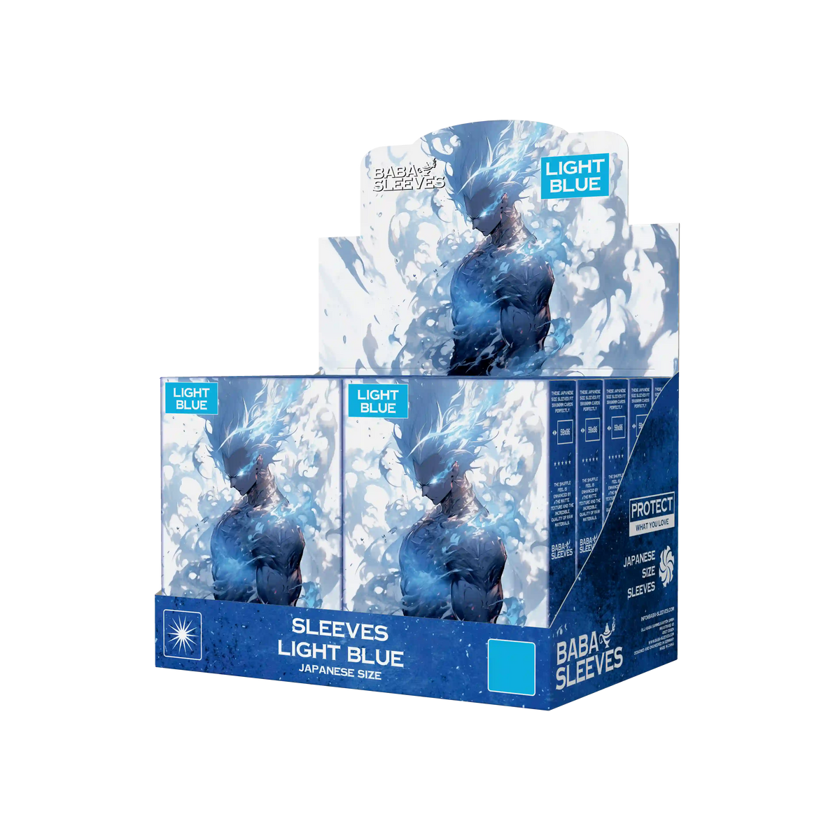 Display Box seitliche Ansicht hell blaue light blue Yu-Gi-Oh Sleeves Japanese Size Verkaufsaufsteller