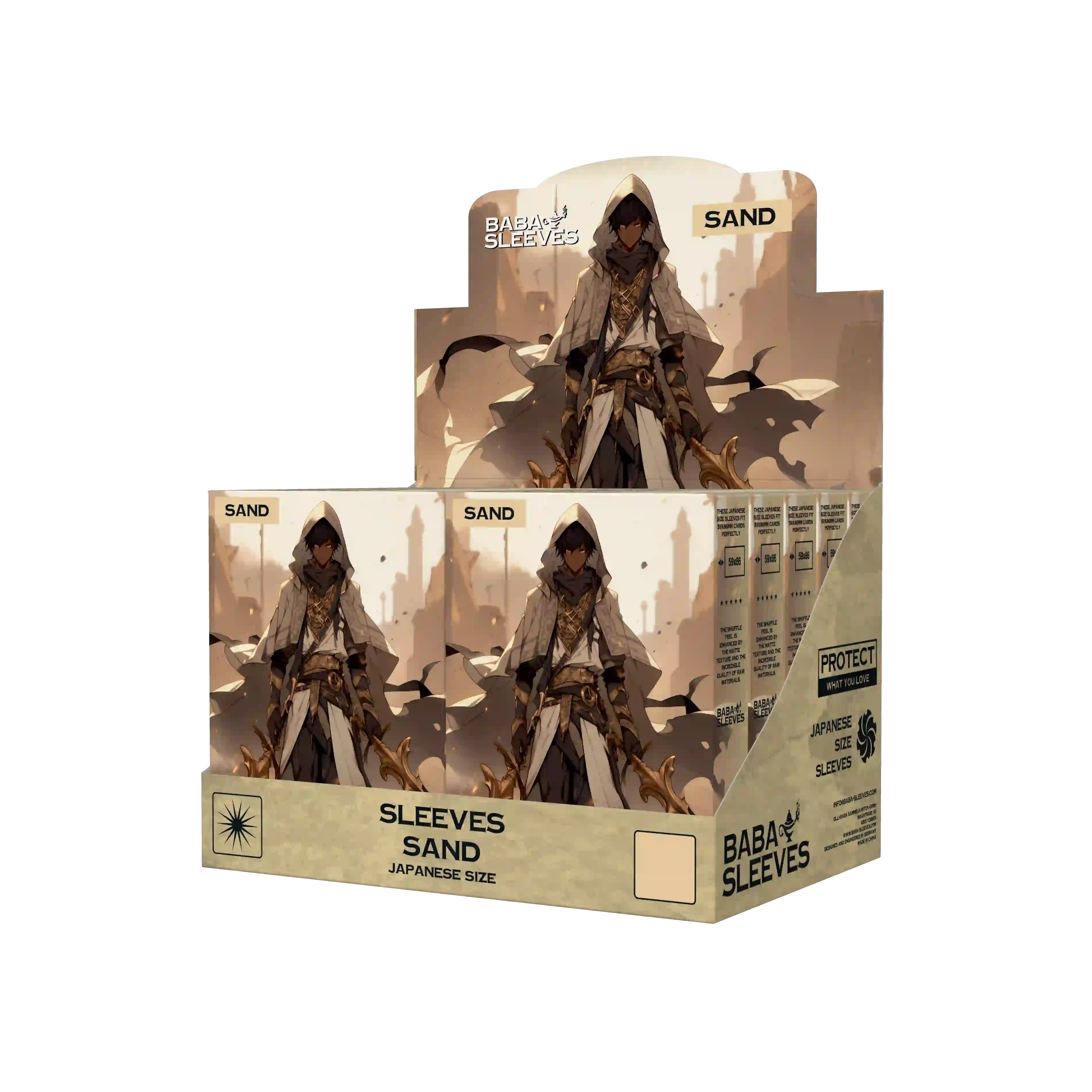 Display Box seitliche Ansicht matte beige sandfarbene transparent Japanese Size Yu-Gi-Oh Verkaufsaufsteller