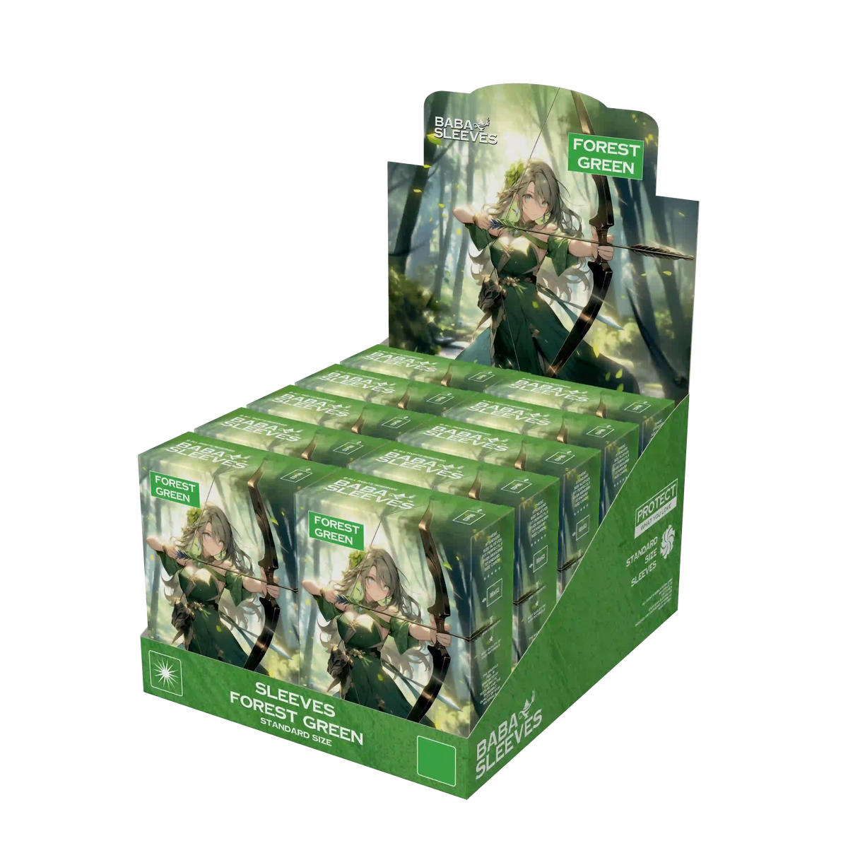 Display mit 10 Packungen grüne Kartenhüllen Standard Size, Großpackung Sammelkarten Sleeves 66x91mm für TCG Händler und Sammler