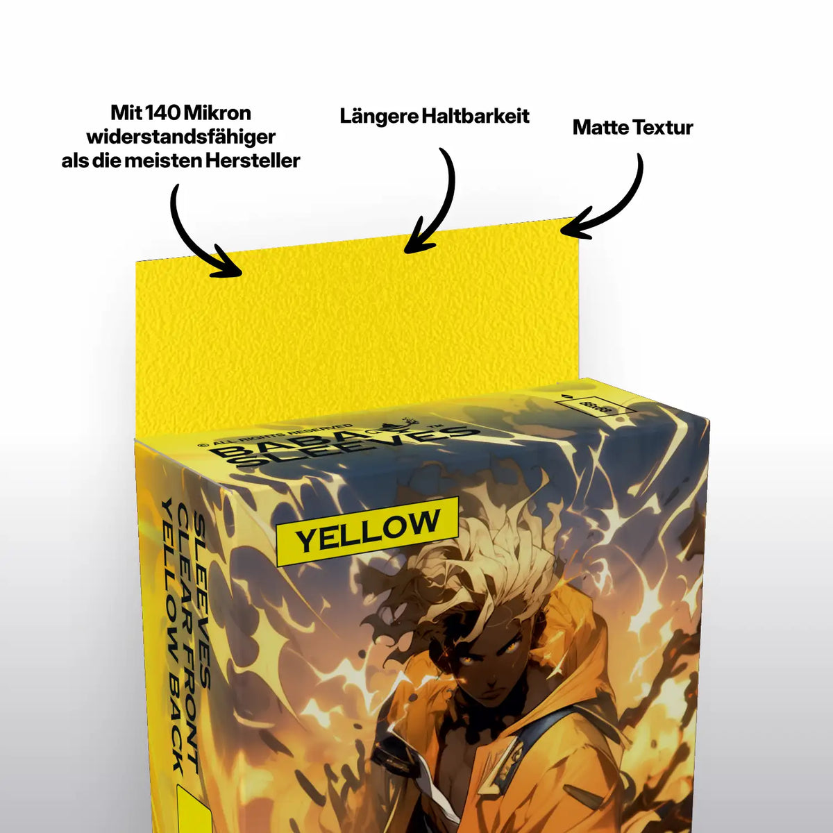 Nahansicht gelbe Kartenhüllen Verpackung, Deck Protector Sleeves 100er Pack Standard Size für TCG Sammelkarten wie Pokémon und MTG