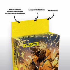 Nahansicht gelbe Kartenhüllen Verpackung, Deck Protector Sleeves 100er Pack Standard Size für TCG Sammelkarten wie Pokémon und MTG